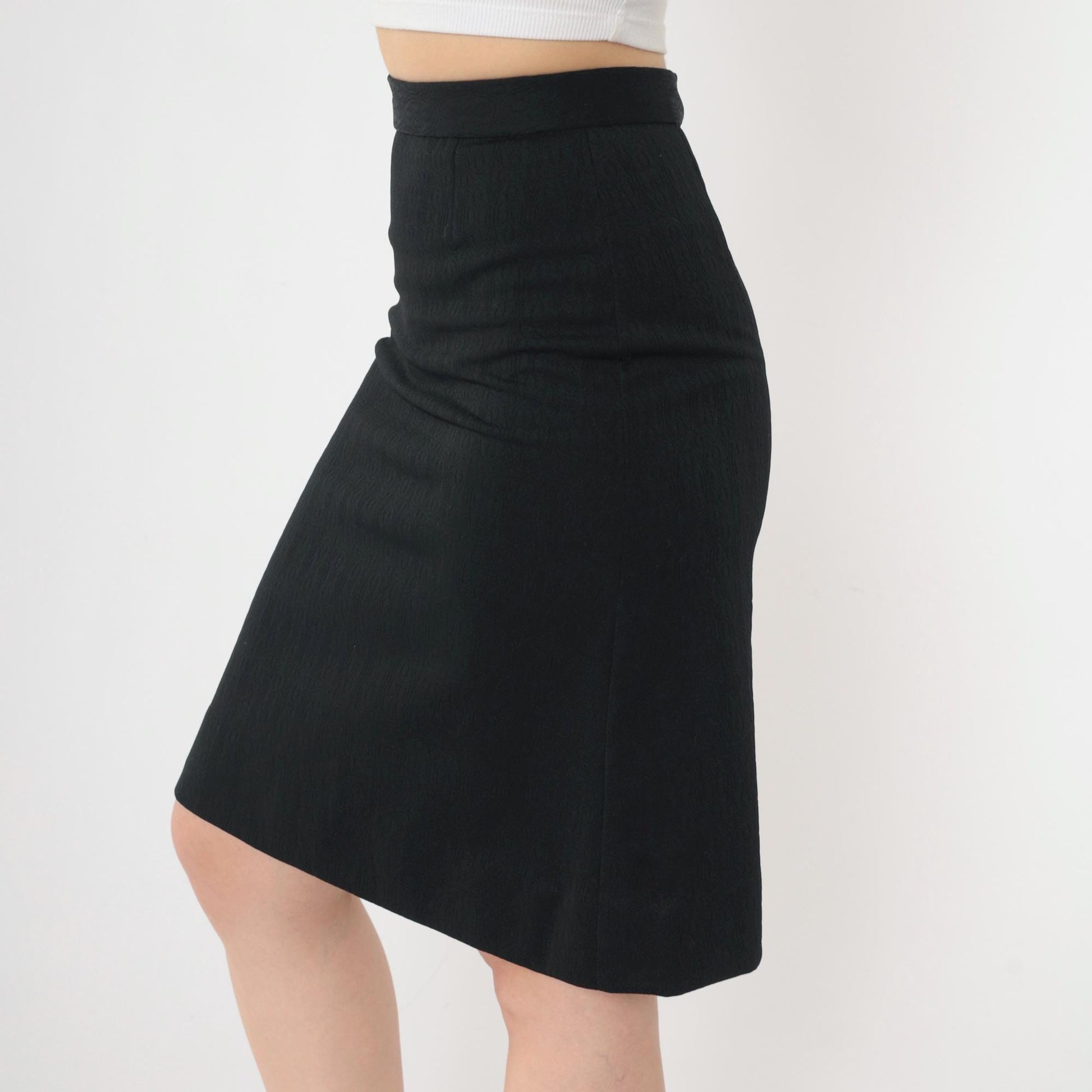 70s Black Geometric Textured Pencil Skirt High Waist Mini Extra Small