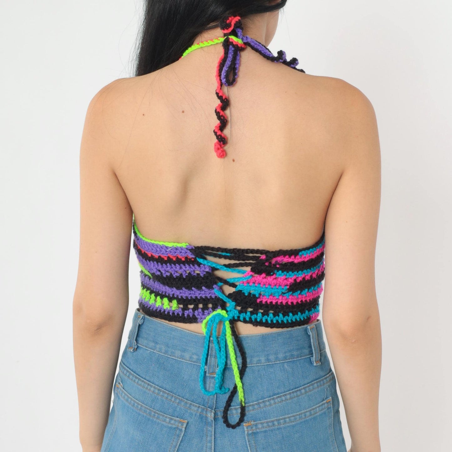 Y2K Neon Striped Crochet Halter Top Black V-Neck Tie-Back Small Medium