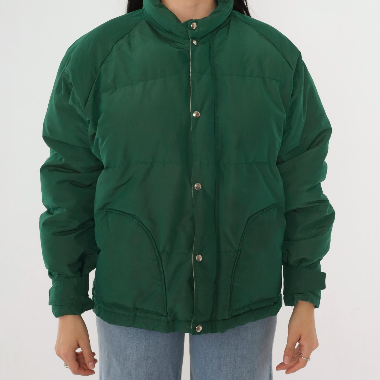 80s Green Down Puffer Jacket Nylon Ski Coat Snap Front Large L