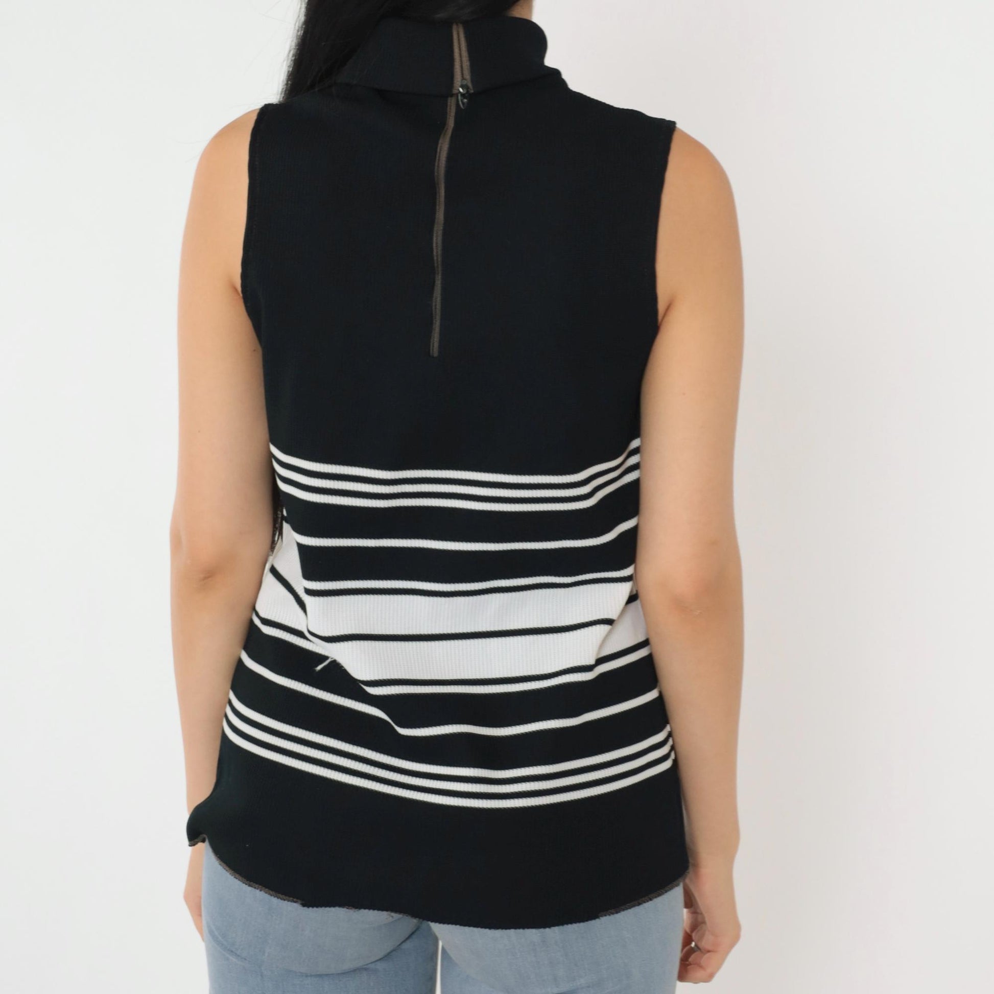 70s Black White Striped Mock Neck Tank Top Zip Back Small S