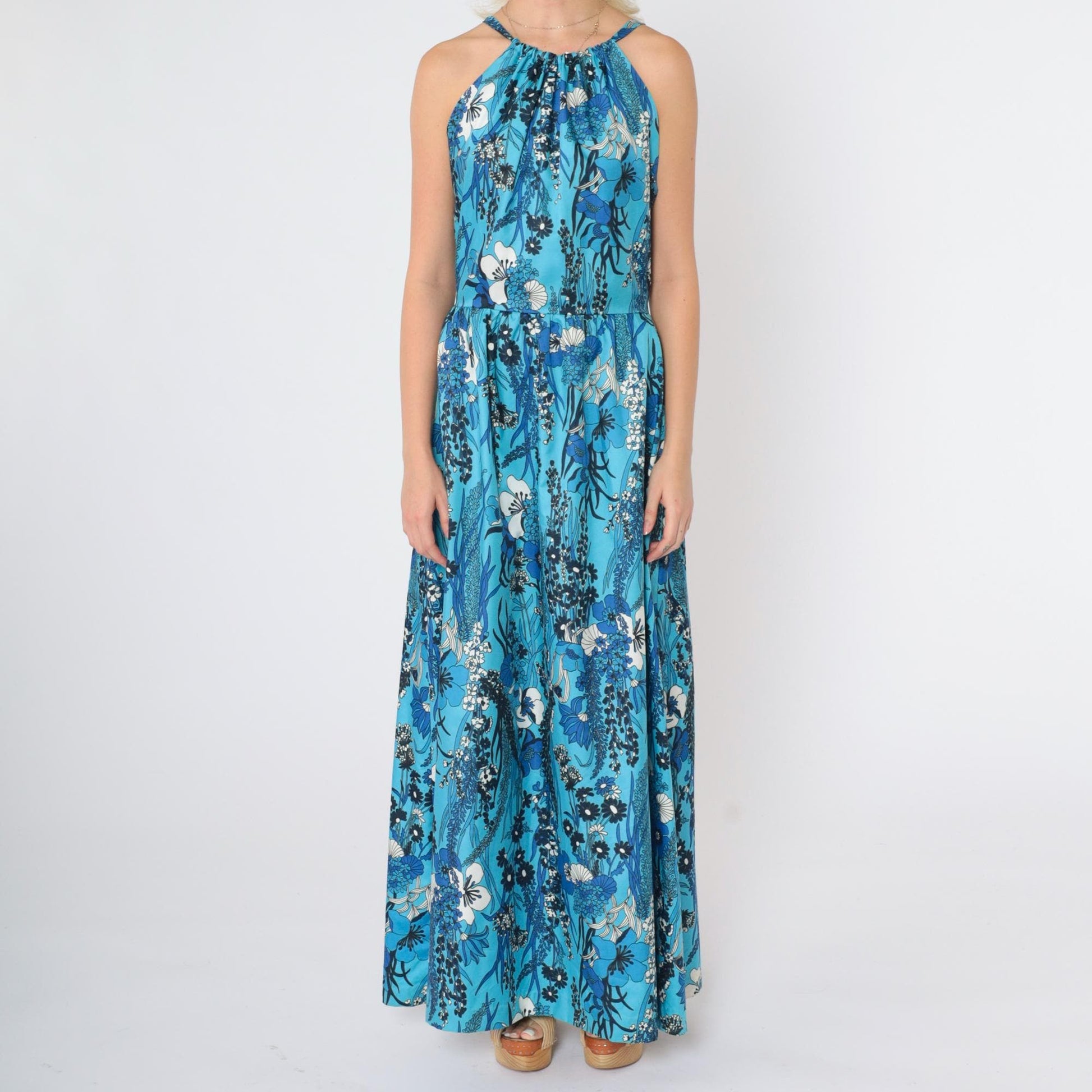 70s Blue Tropical Floral Halter Maxi Dress Deep V Back High Waist Small