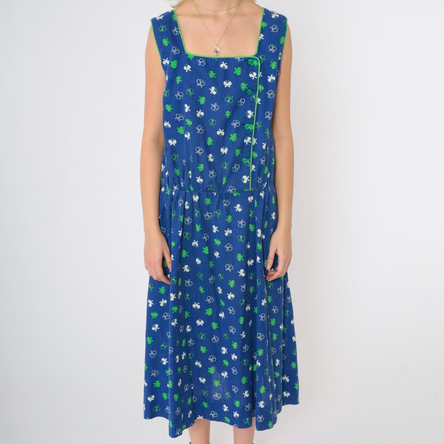 70s Butterfly Print Blue Midi Dress High Elastic Waist Sleeveless Large