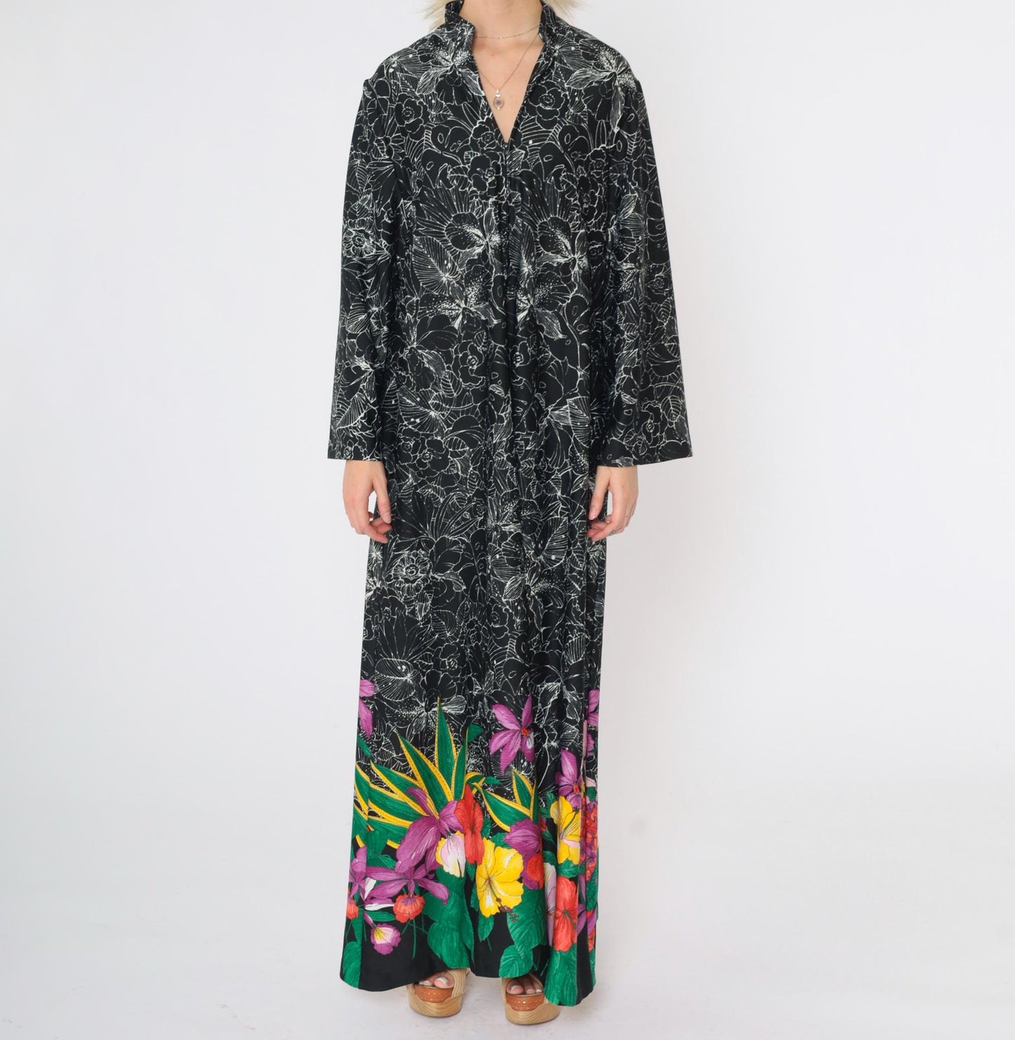 70s Black Floral Maxi Dress Hibiscus Print Front Zip Wide Sleeve Large L