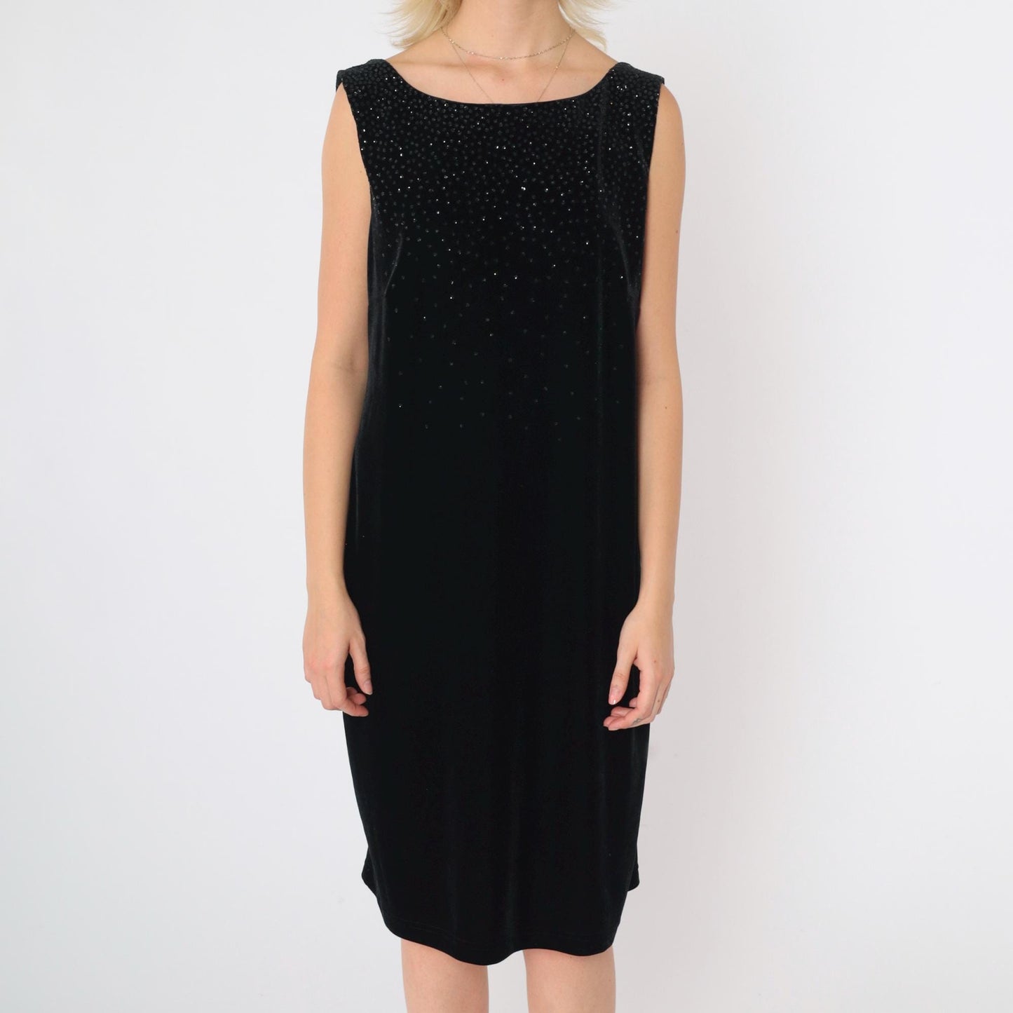 90s Robbie Bee Black Velvet Shift Dress Glitter Open Back Knee Length Large