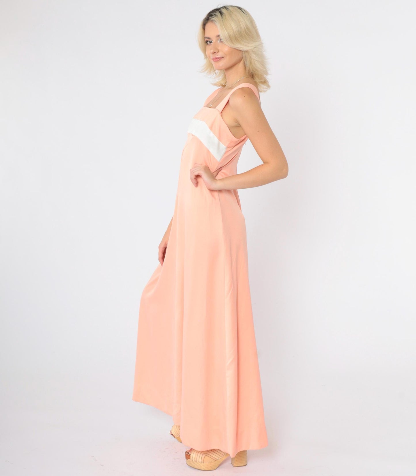70s Peach Striped Empire Waist Maxi Dress & Jacket Set Extra Small