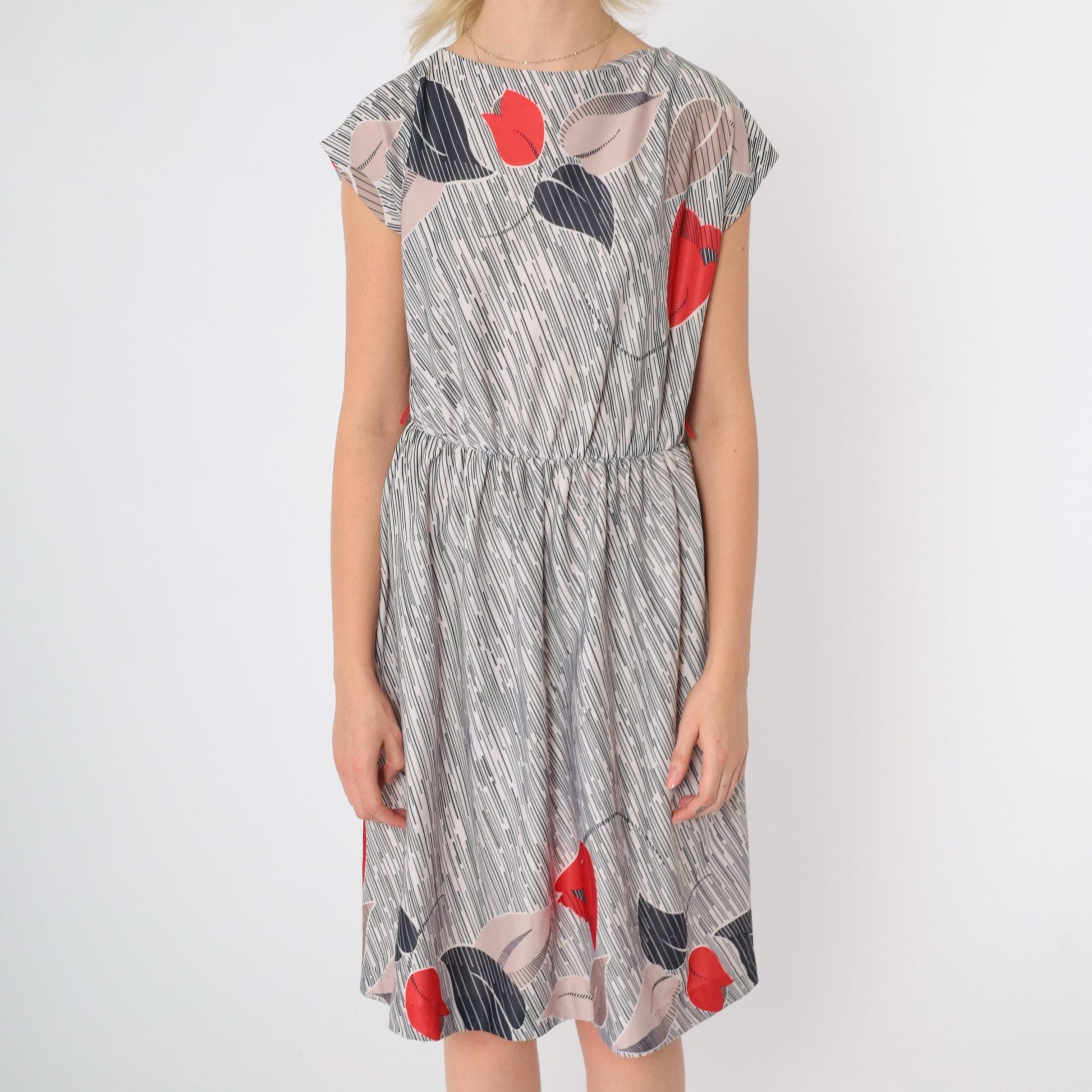 70s Floral Striped High-Waisted Dress Cap Sleeve Knee Length Small