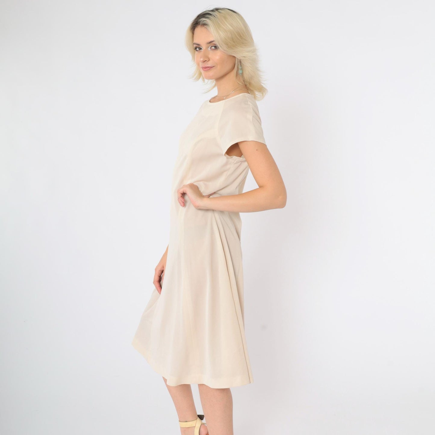 60s Mod Shift Dress Cream Semi-Sheer Raglan Midi Small Medium