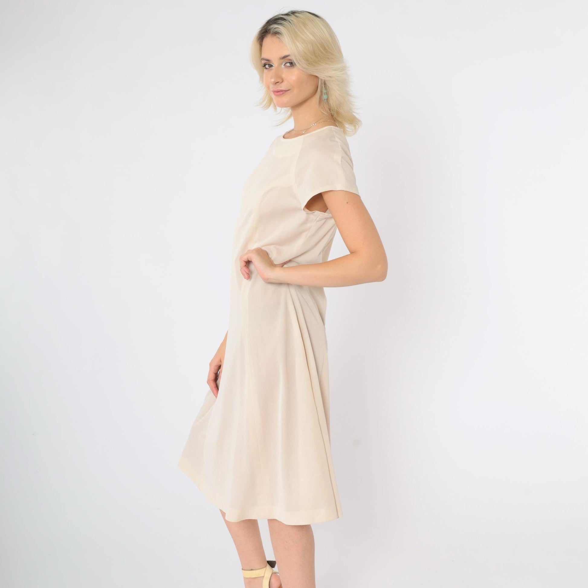 60s Mod Shift Dress Cream Semi-Sheer Raglan Midi Small Medium
