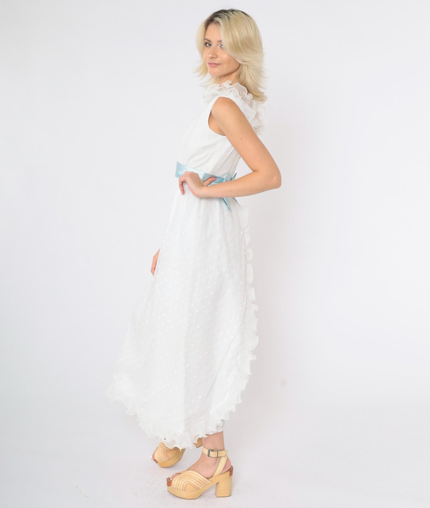 60s White Maxi Dress Flocked Polka Dot Empire Waist Satin Bow Extra Small