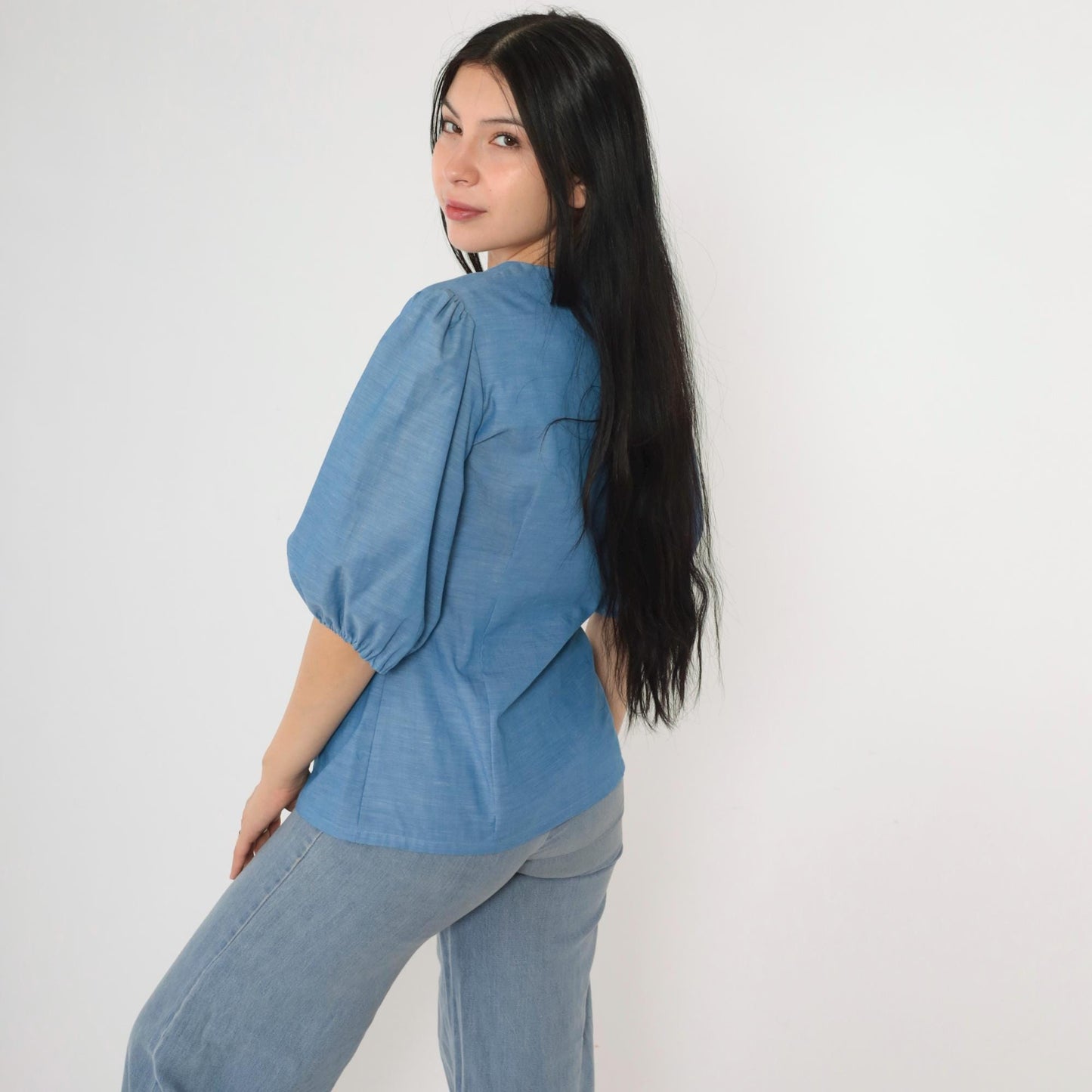 70s Alice of California Blue Puff Sleeve Button-Up Blouse Scoop Neck Small