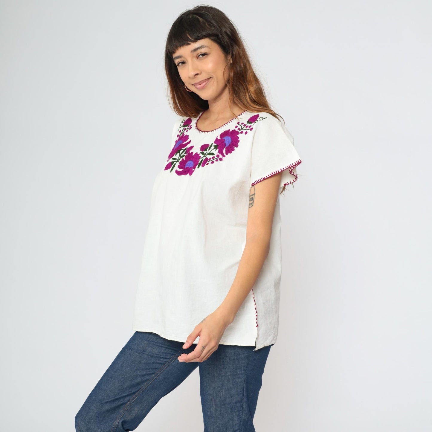 90s Mexican Embroidered Tunic Blouse White Purple Floral Large