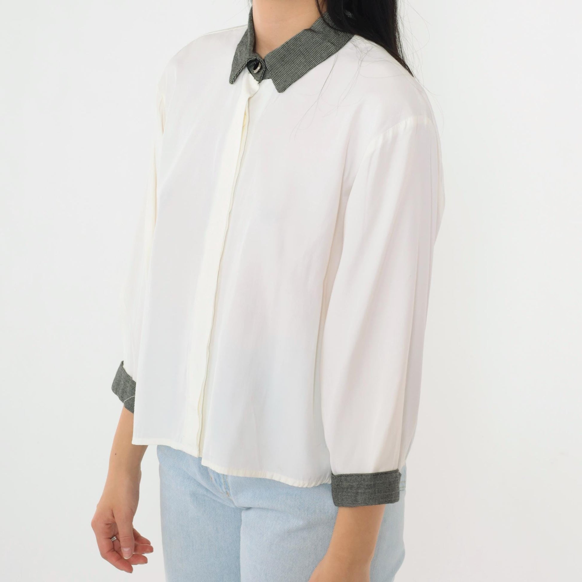 90s White Button-Up Blouse Black Check Collar Hidden Placket 3/4 Sleeve Large L