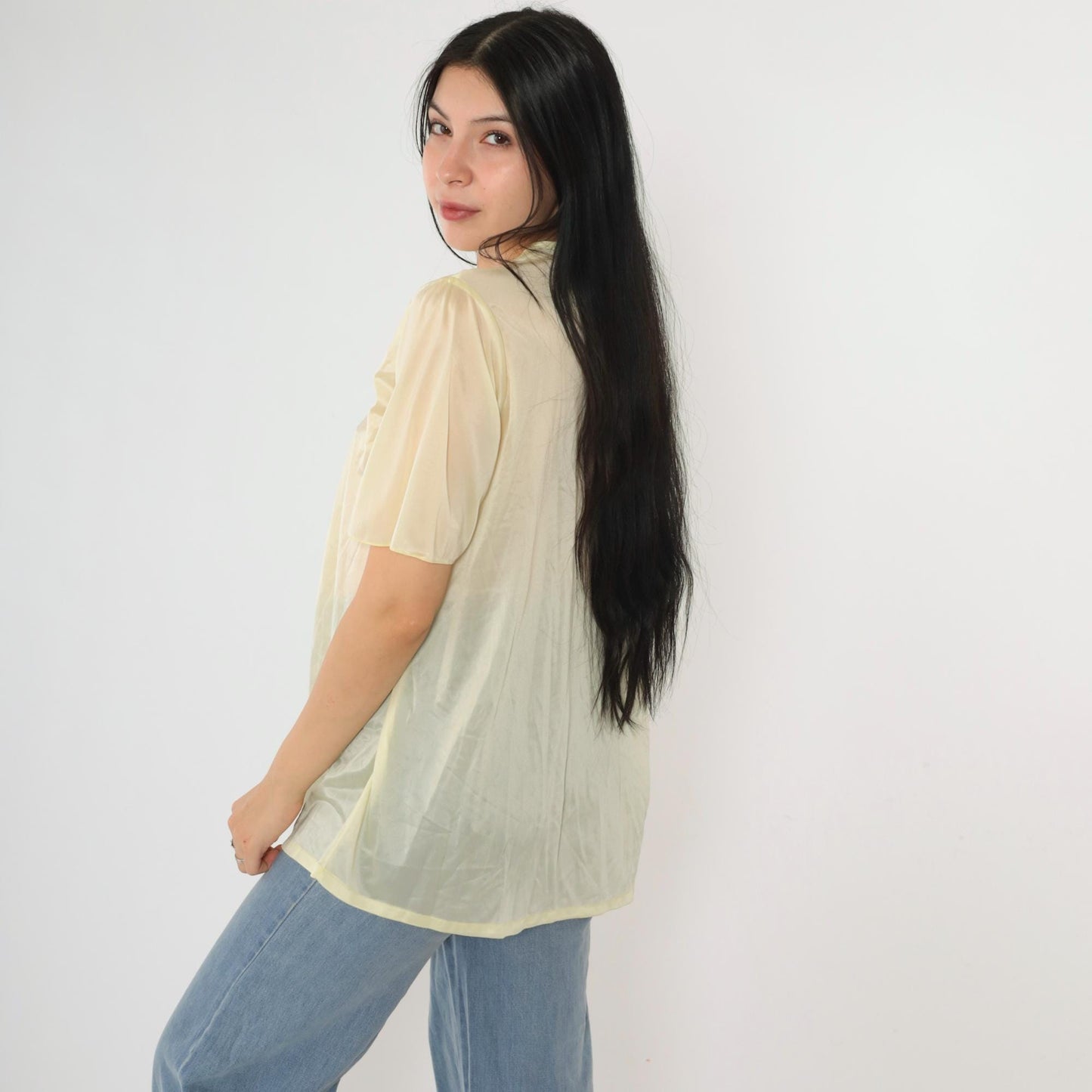 80s Yellow Sheer Nylon Pajama Top Floral Embroidered Quilted Yoke Button Up Small Medium