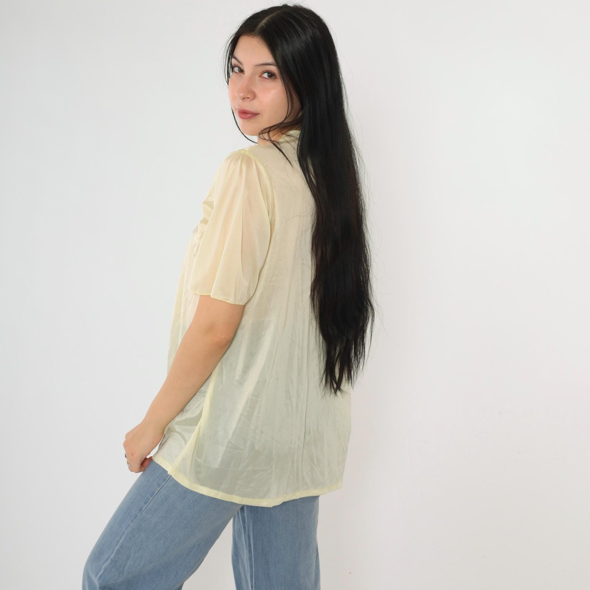 80s Yellow Sheer Nylon Pajama Top Floral Embroidered Quilted Yoke Button Up Small Medium