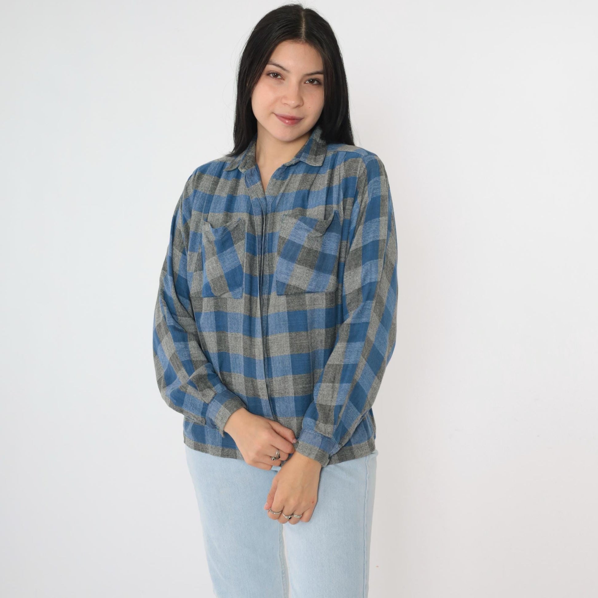 90s Buffalo Plaid Button-Up Shirt Blue Grey Checkered Cotton Small