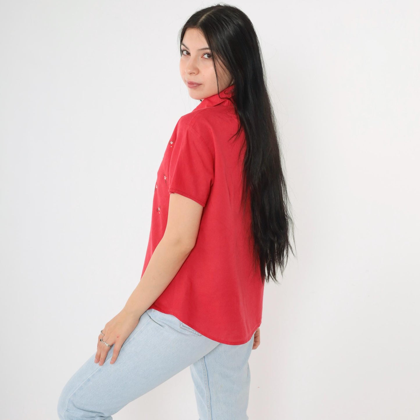 Banana Republic 90s Red Floral Embroidered Button-Up Blouse Short Sleeve Large L