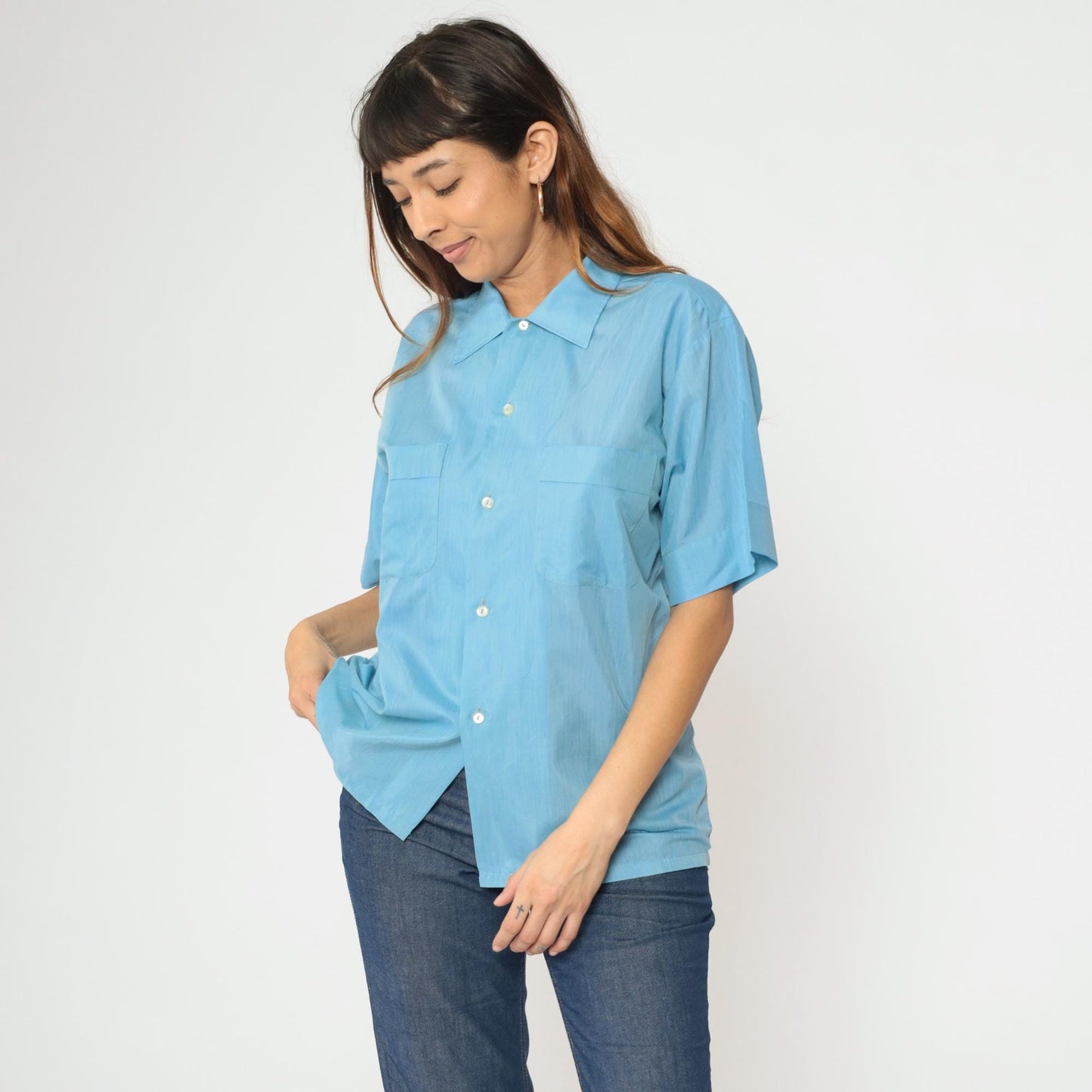 70s Crystalaire Blue Button-Up Shirt Short Sleeve Chest Pocket Men's Medium