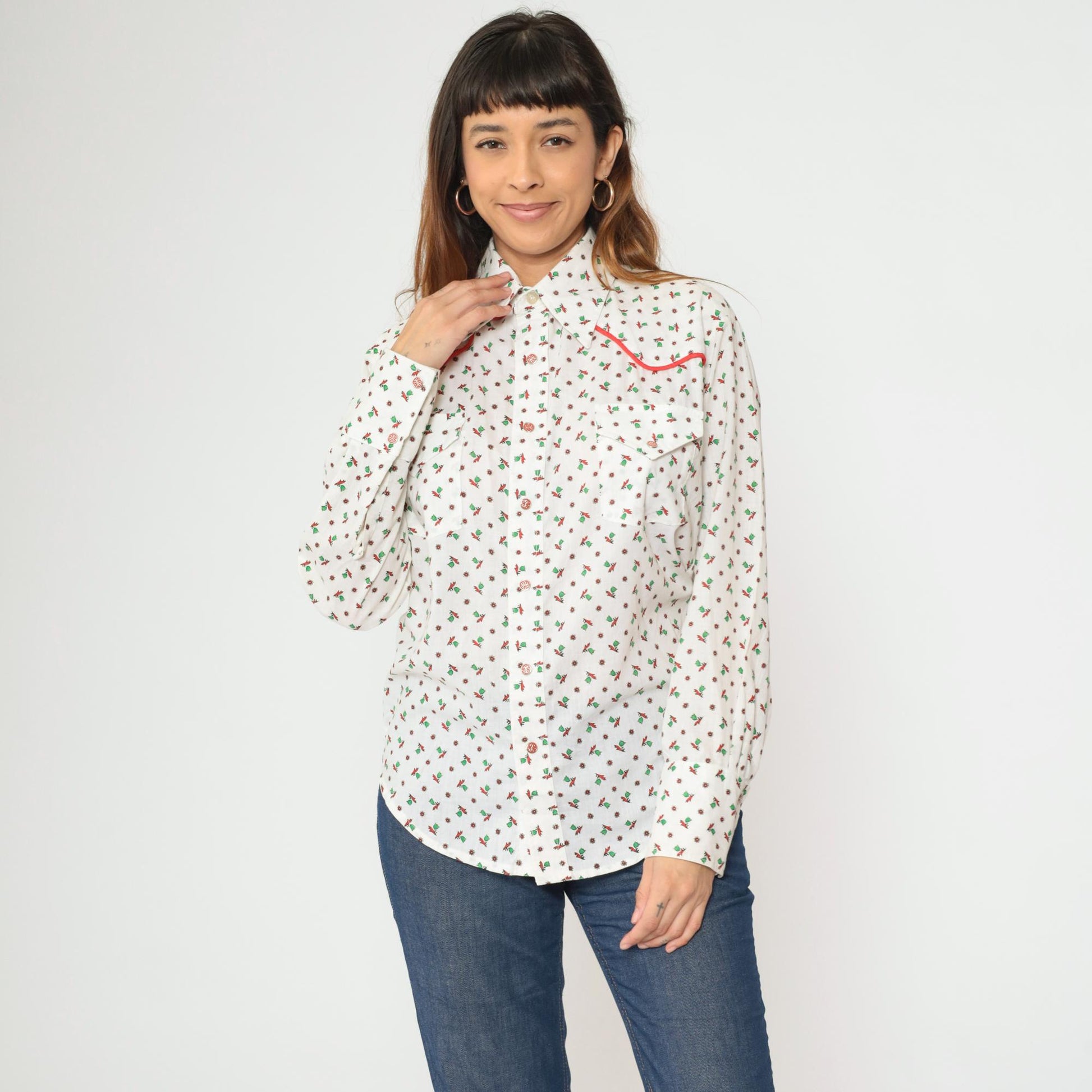 70s Floral Western Shirt White Green Red Piping Button Up Men's Medium