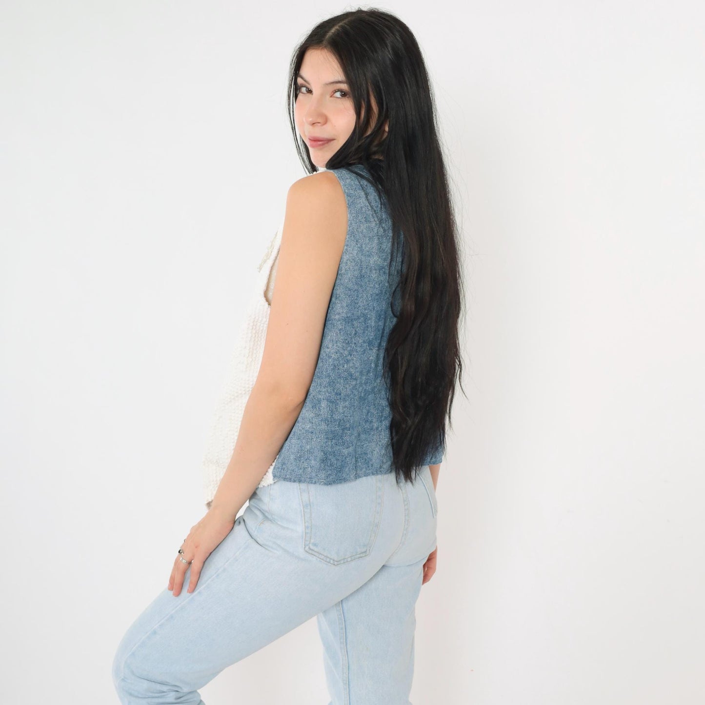 90s Reversible Vest White Nubby Texture Floral Chambray Denim Medium M