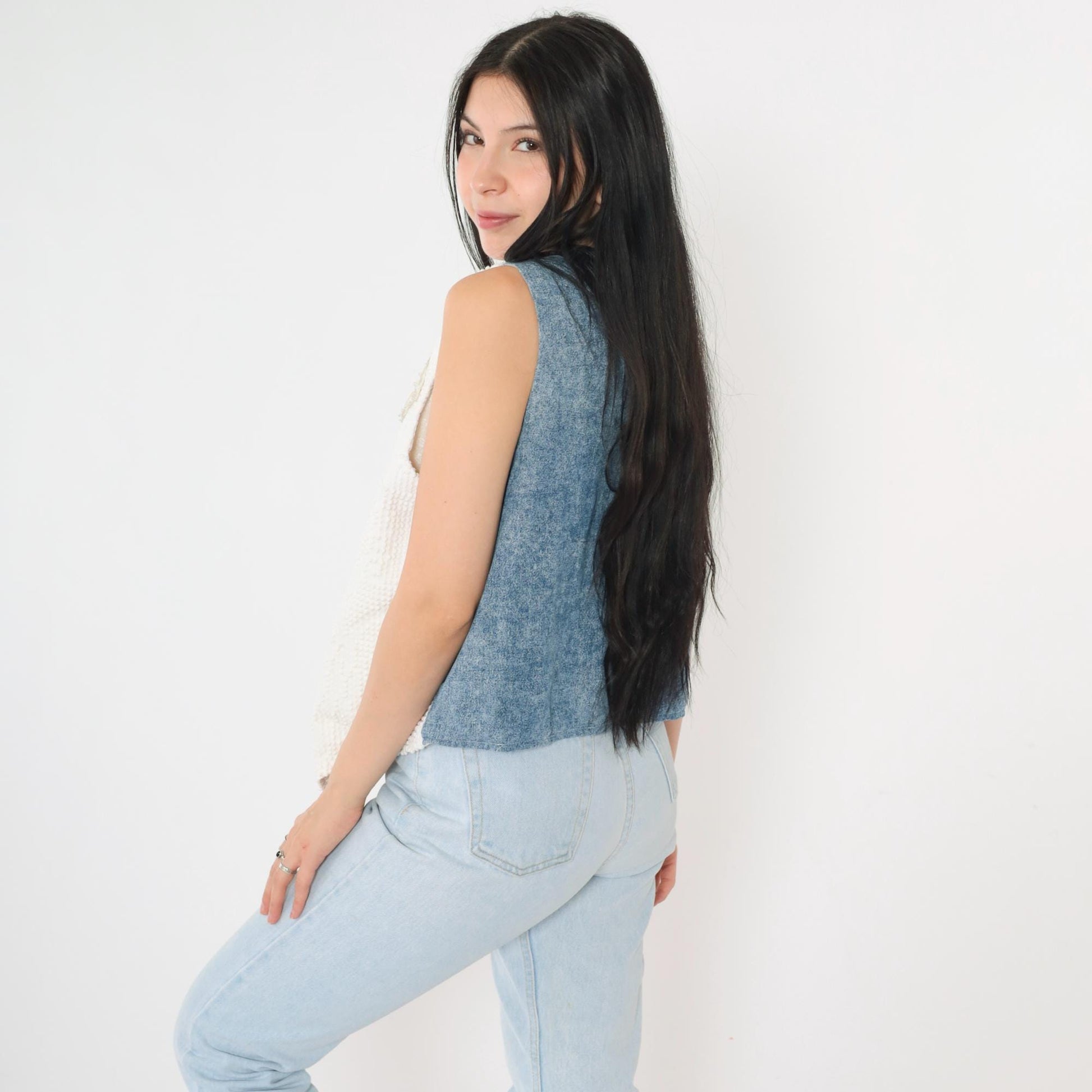 90s Reversible Vest White Nubby Texture Floral Chambray Denim Medium M