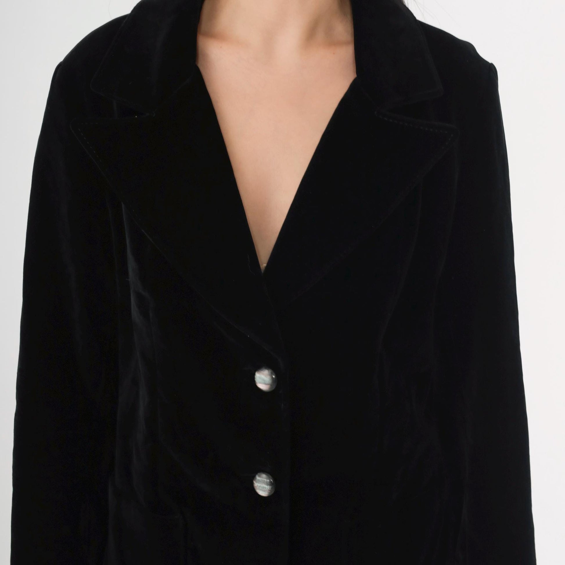 80s Black Velvet Blazer Tailored Button-Up Jacket Medium