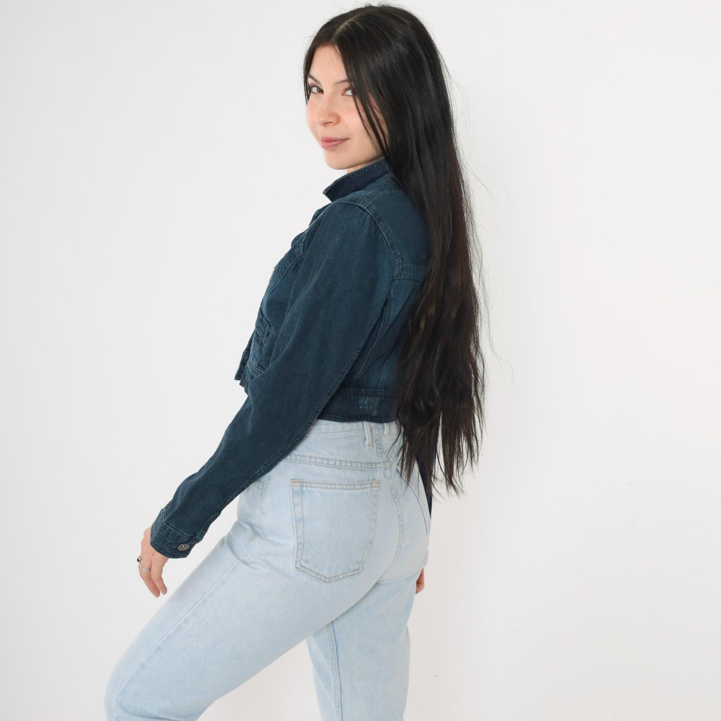 L.E.I. Cropped Dark Denim Jacket Y2K Button Front Fitted Small