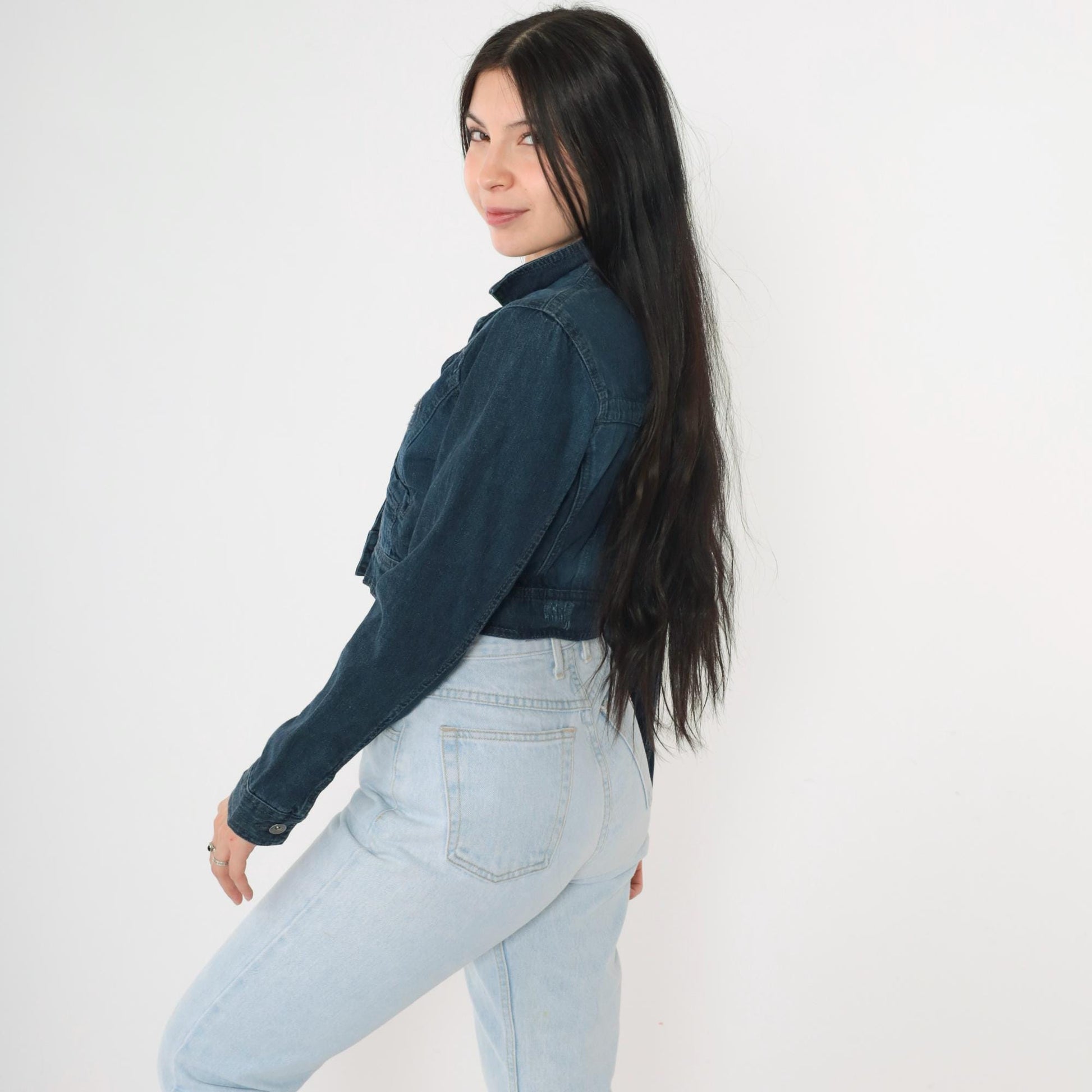 L.E.I. Cropped Dark Denim Jacket Y2K Button Front Fitted Small