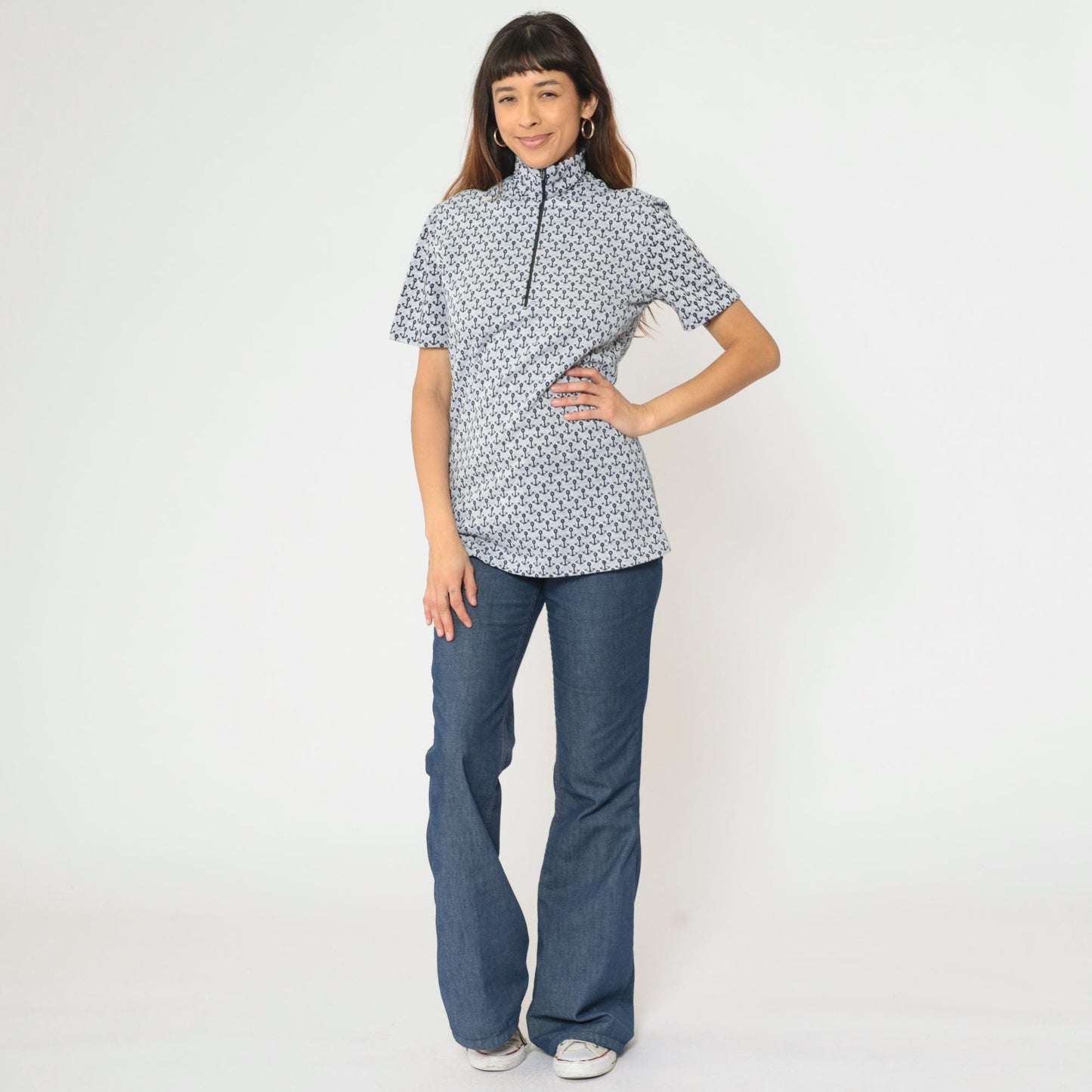 70s Nautical Anchor Print Quarter Zip Collared Top Blue Short Sleeve Medium Tall