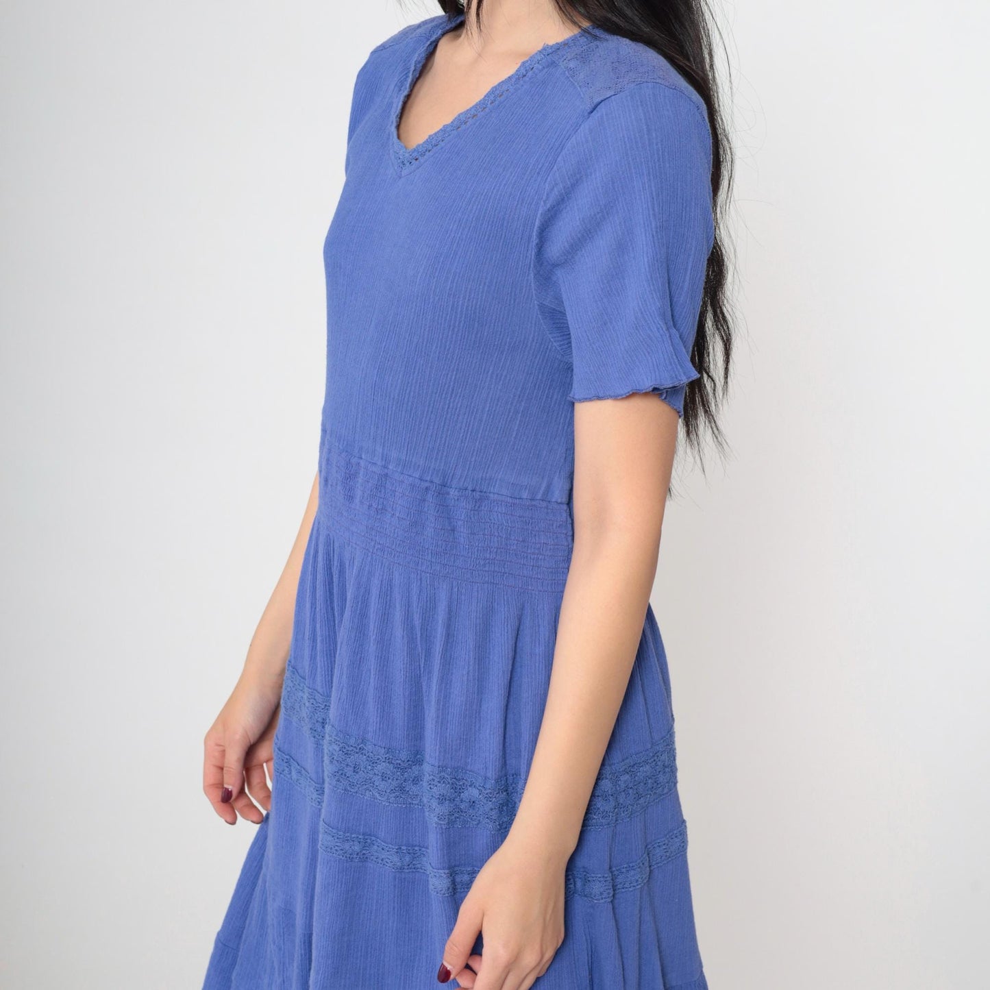 Y2K Blue Midi Dress Tiered Lace Trim V-Neck Short Sleeve Medium M