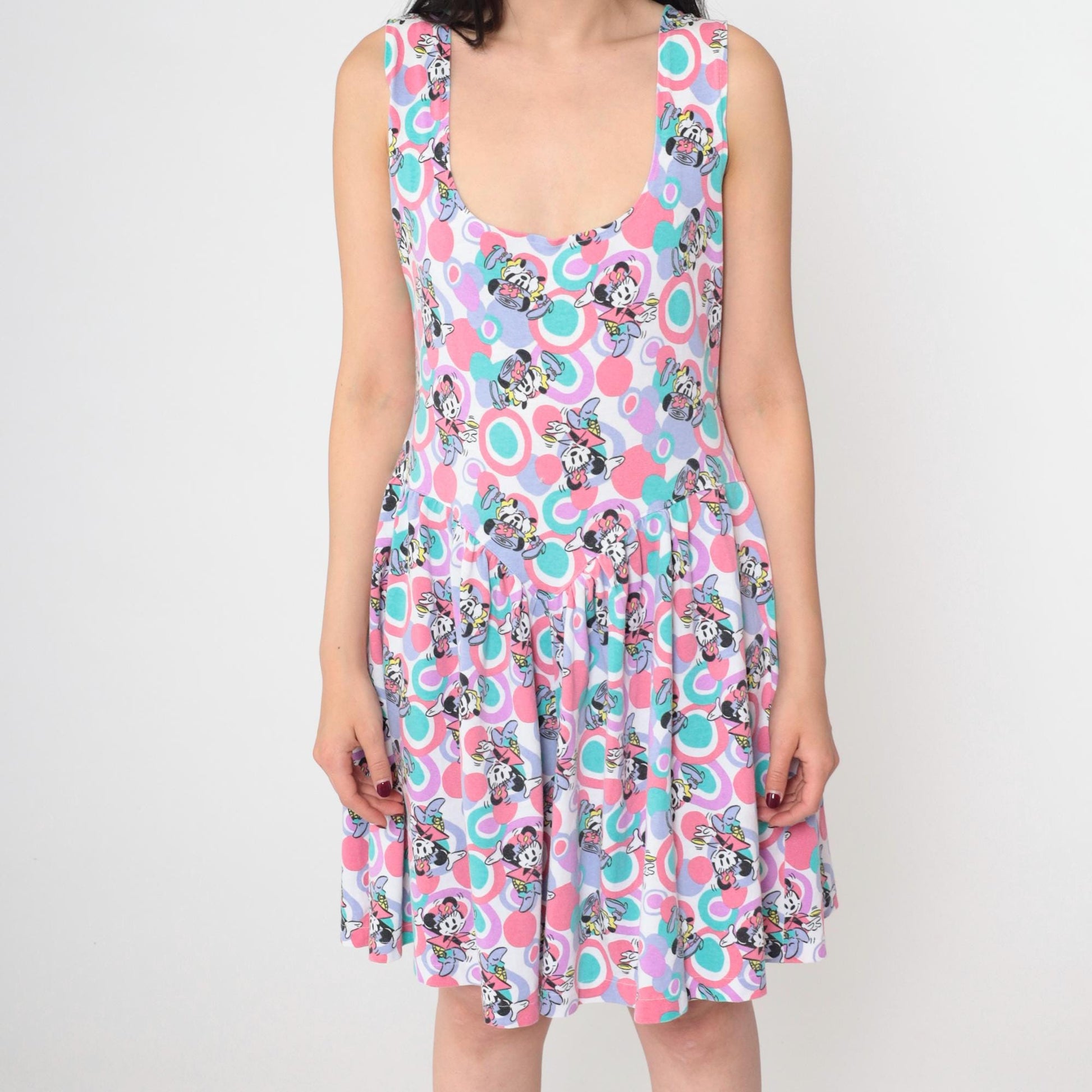 90s Disney Minnie Mouse Tank Dress Circle Print Pink Teal Lavender Small Medium