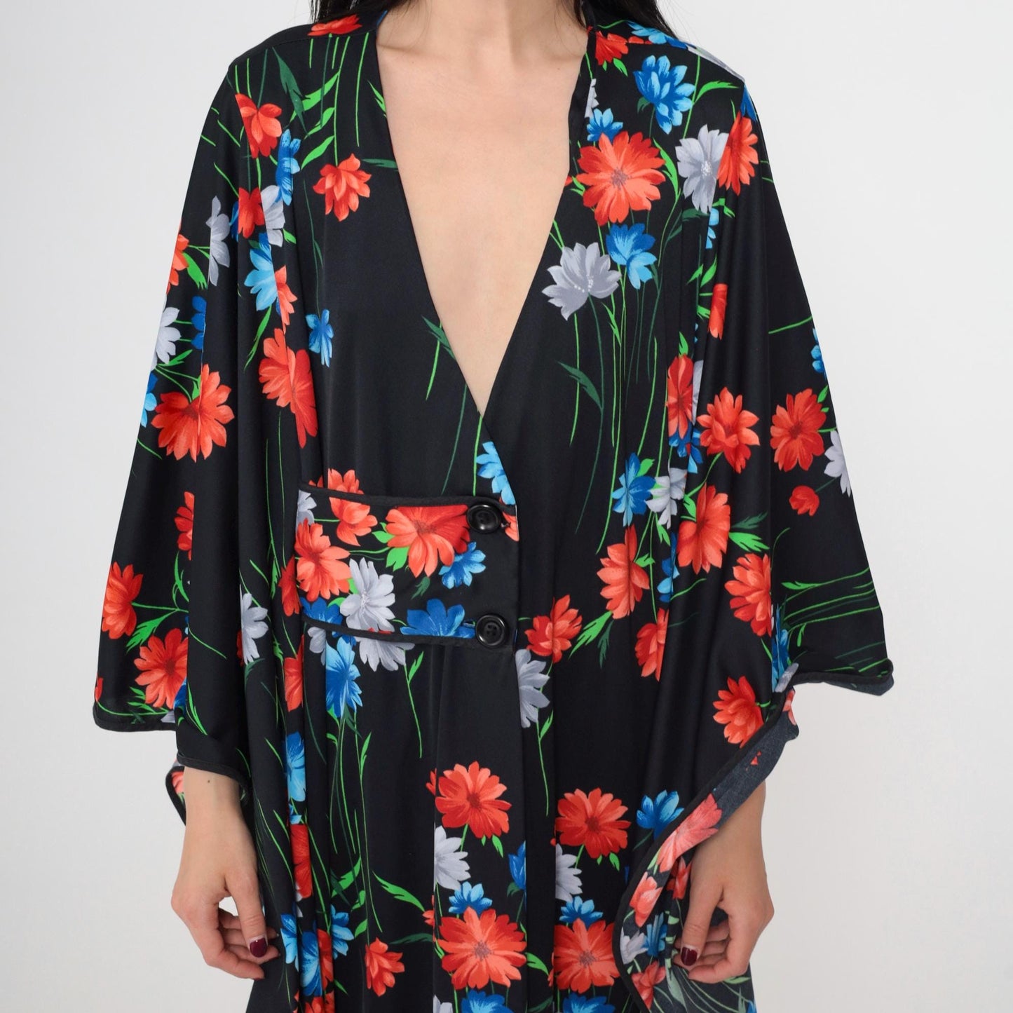 70s Black Floral Maxi Dress Kimono Sleeve Button Front Slit One Size