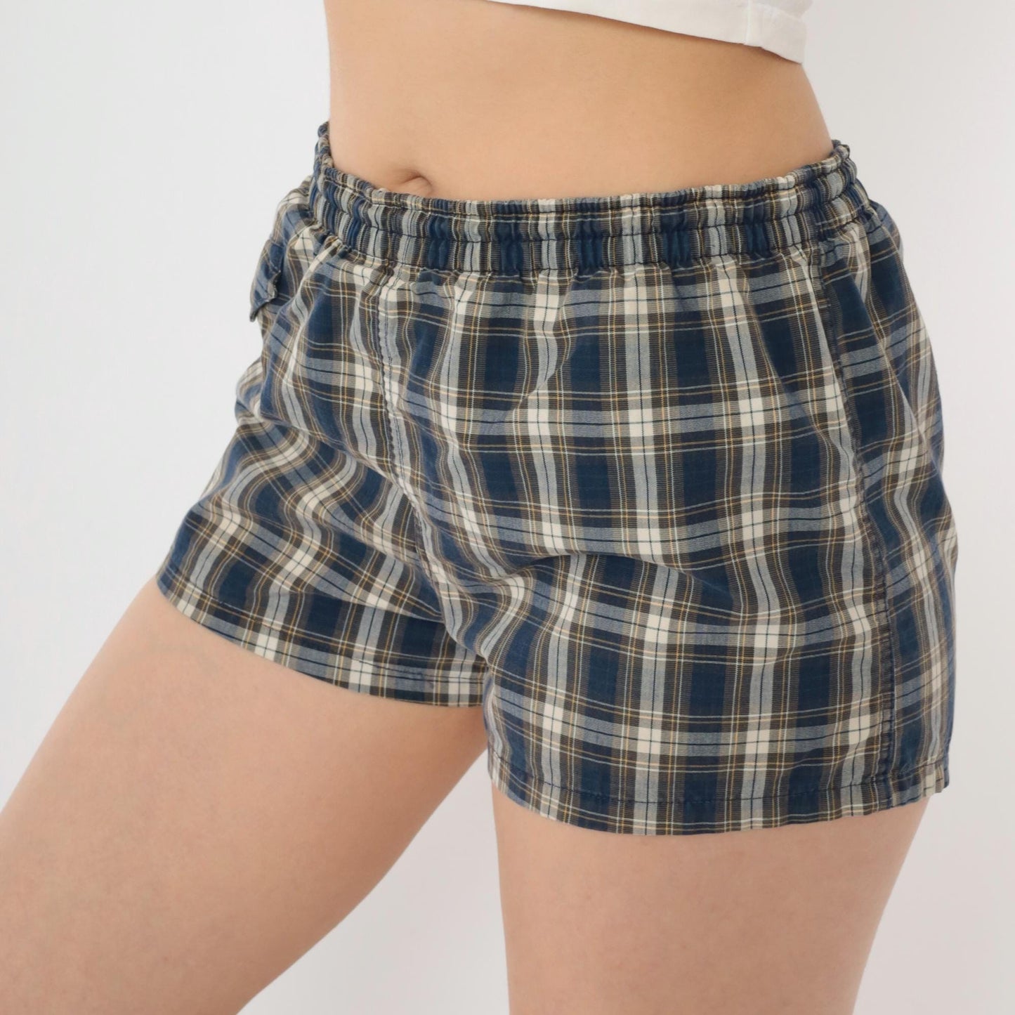 1950s Fraternity Prep Plaid Swim Shorts Blue Tan Cream Small S