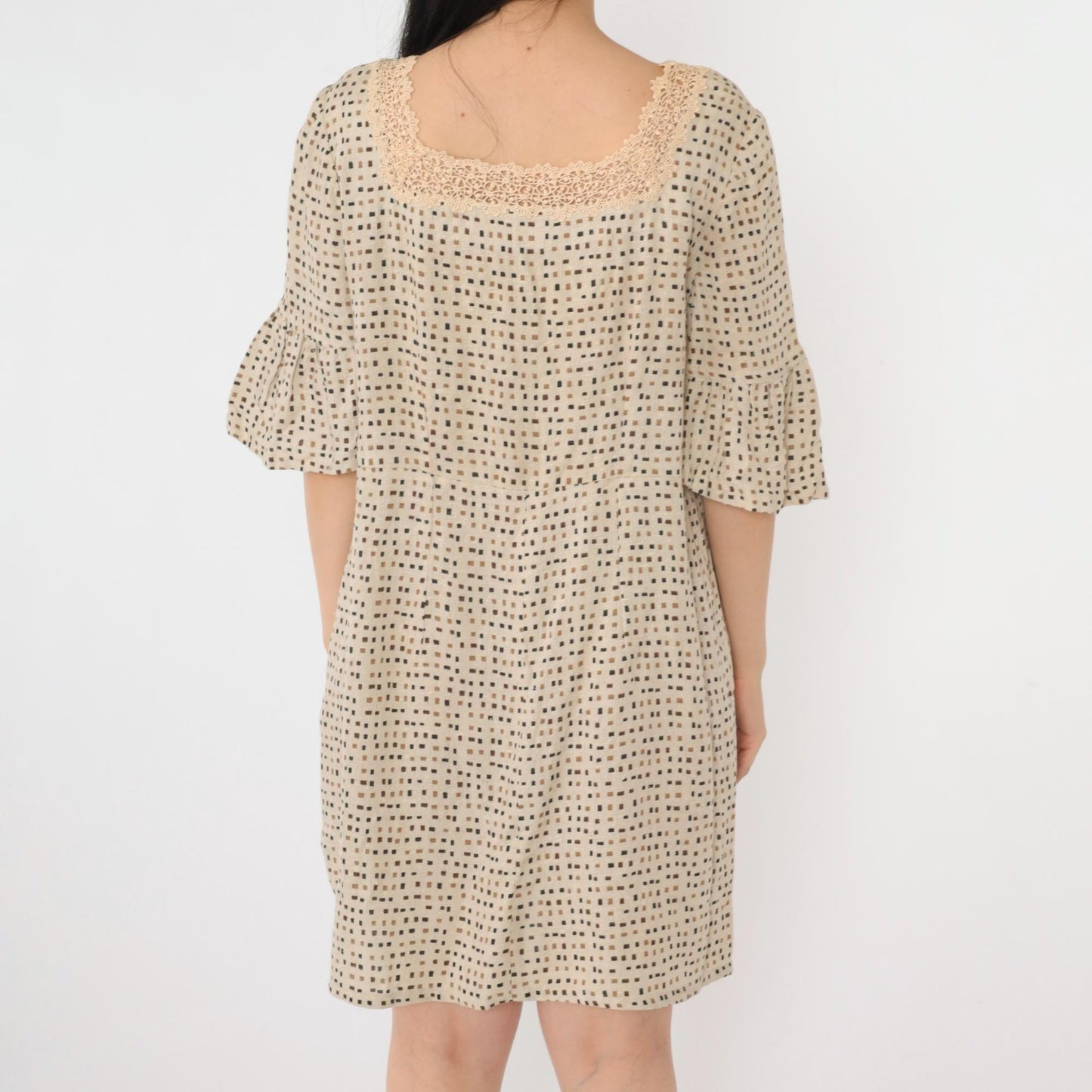 Y2K Beige Mini Dress Square Neckline Crochet Lace Bell Sleeve Button Up Medium M