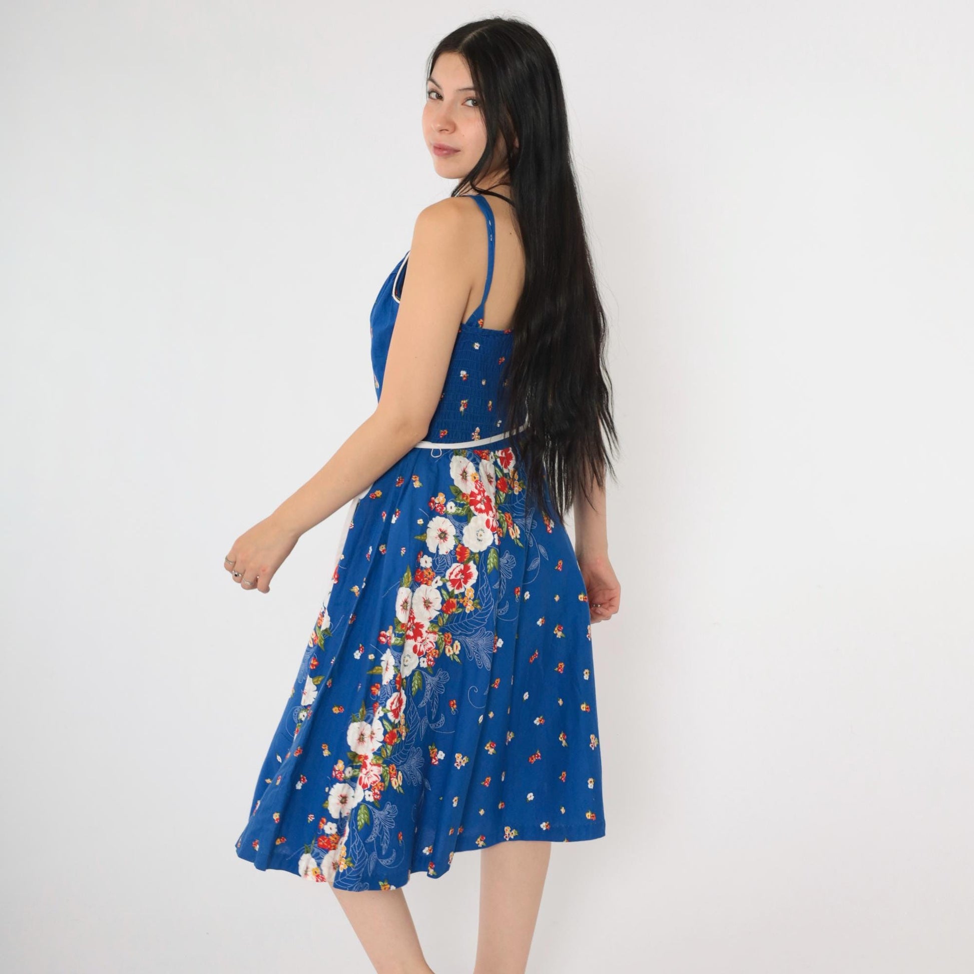 80s Royal Blue Floral Midi Dress Smocked High Waist V Neck Sleeveless Small