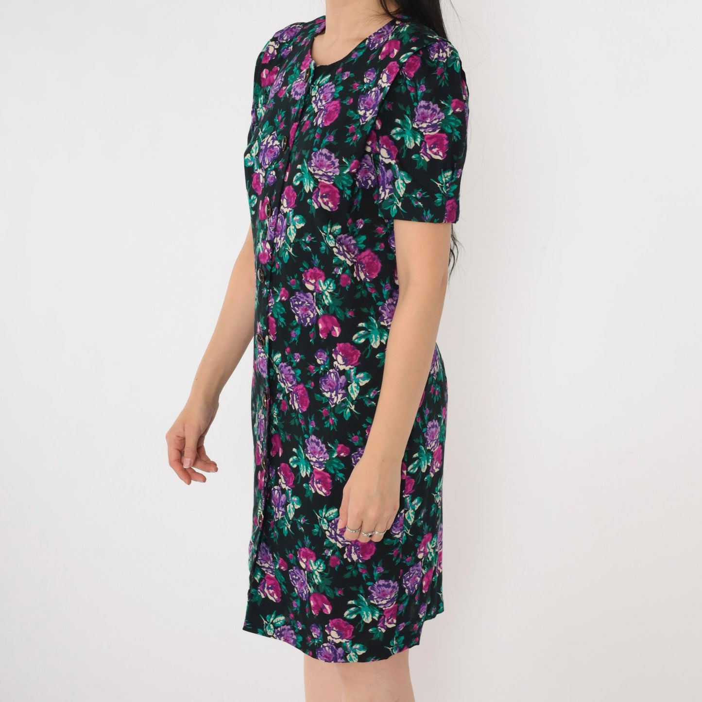 80s Floral Sheath Dress Puff Sleeve Black Purple Rose Mini Button Up Small