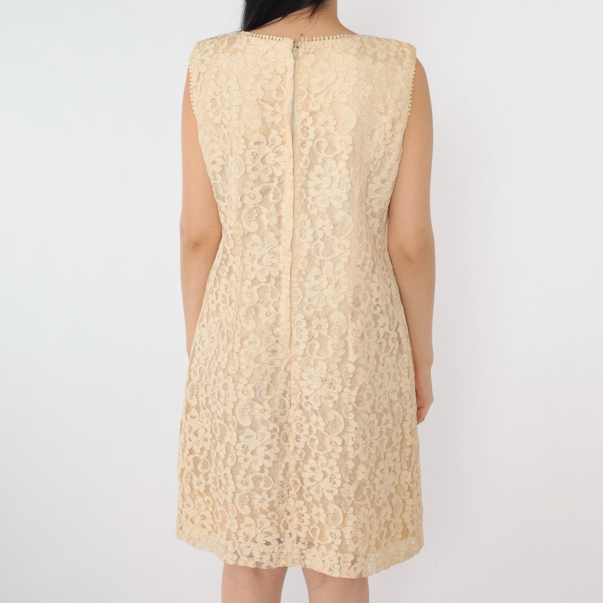 1960s Cream Lace Mini Dress Sleeveless A-Line Cocktail Medium M