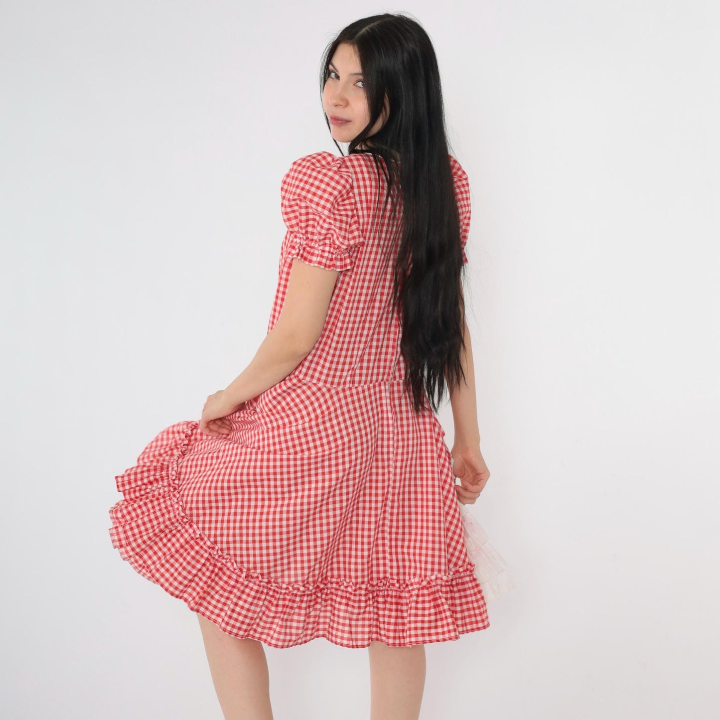 80s Red Gingham Square Dance Dress Puff Sleeve Eyelet Lace Midi Medium