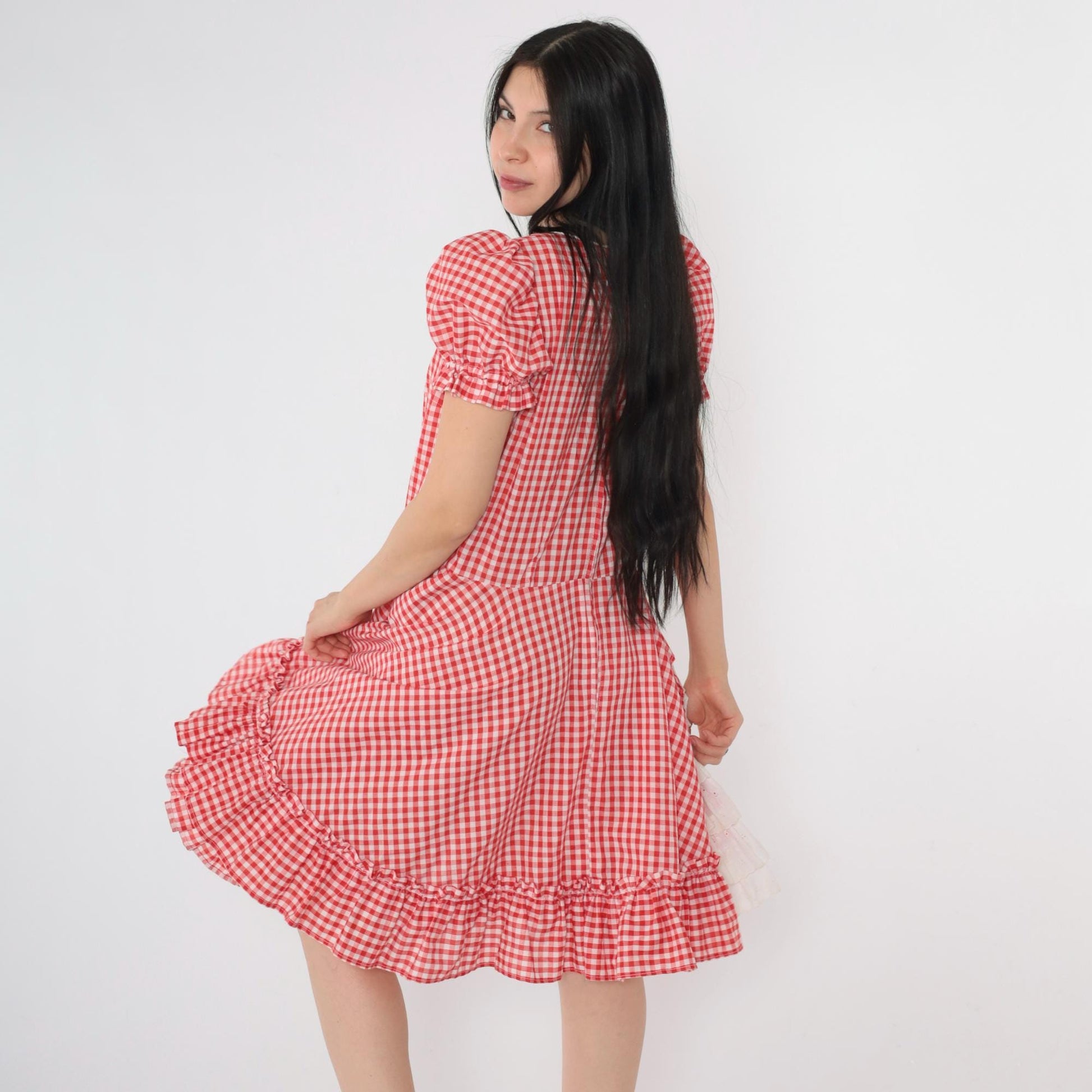 80s Red Gingham Square Dance Dress Puff Sleeve Eyelet Lace Midi Medium