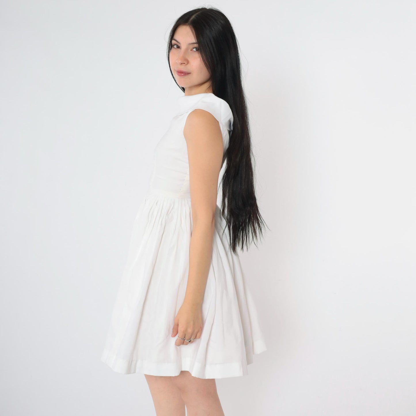 60s White Pleated Mini Dress High Waist Tie Back Skater Sleeveless Extra Small