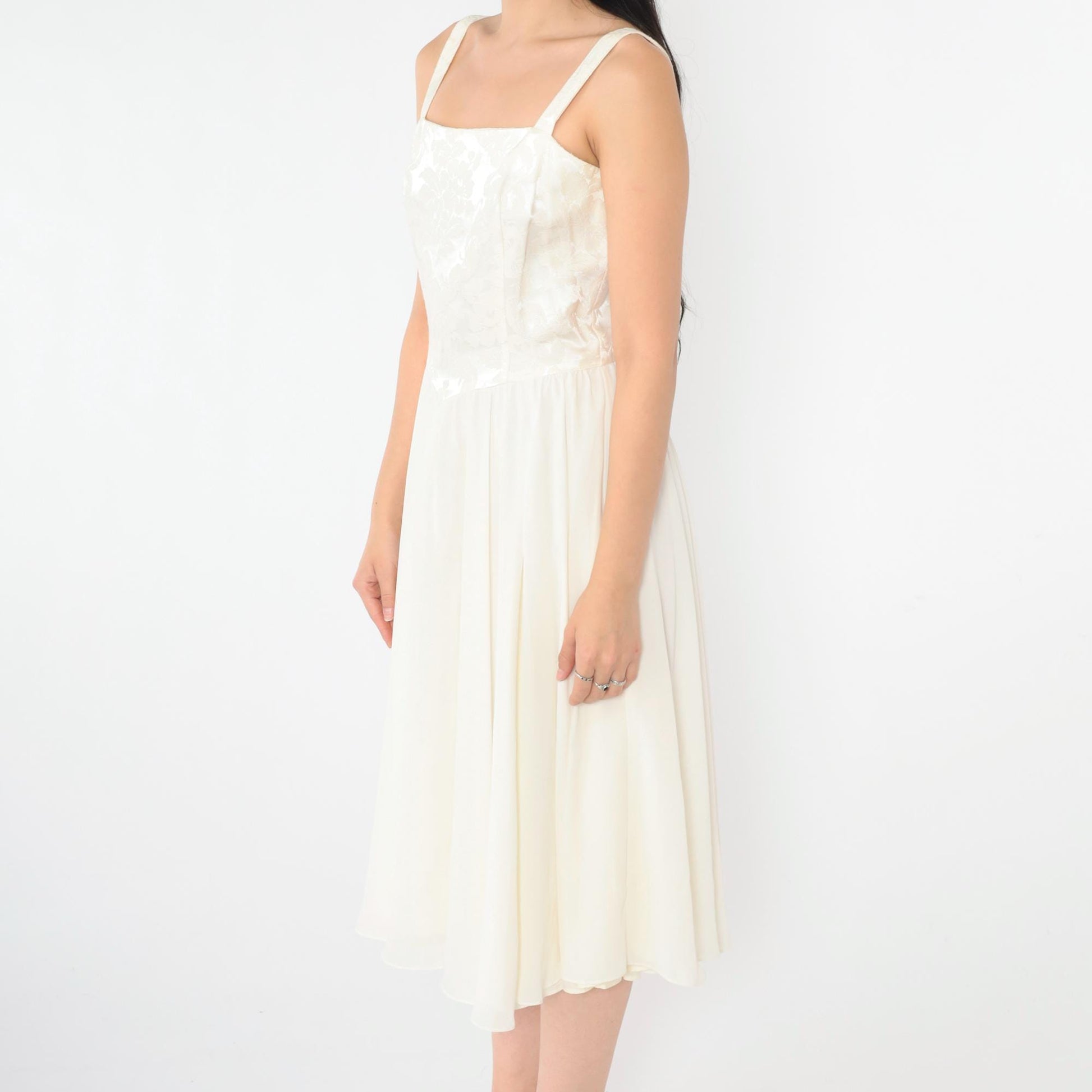 80s Ivory Jacquard Midi Dress Sleeveless Square Neck Basque Waist Small