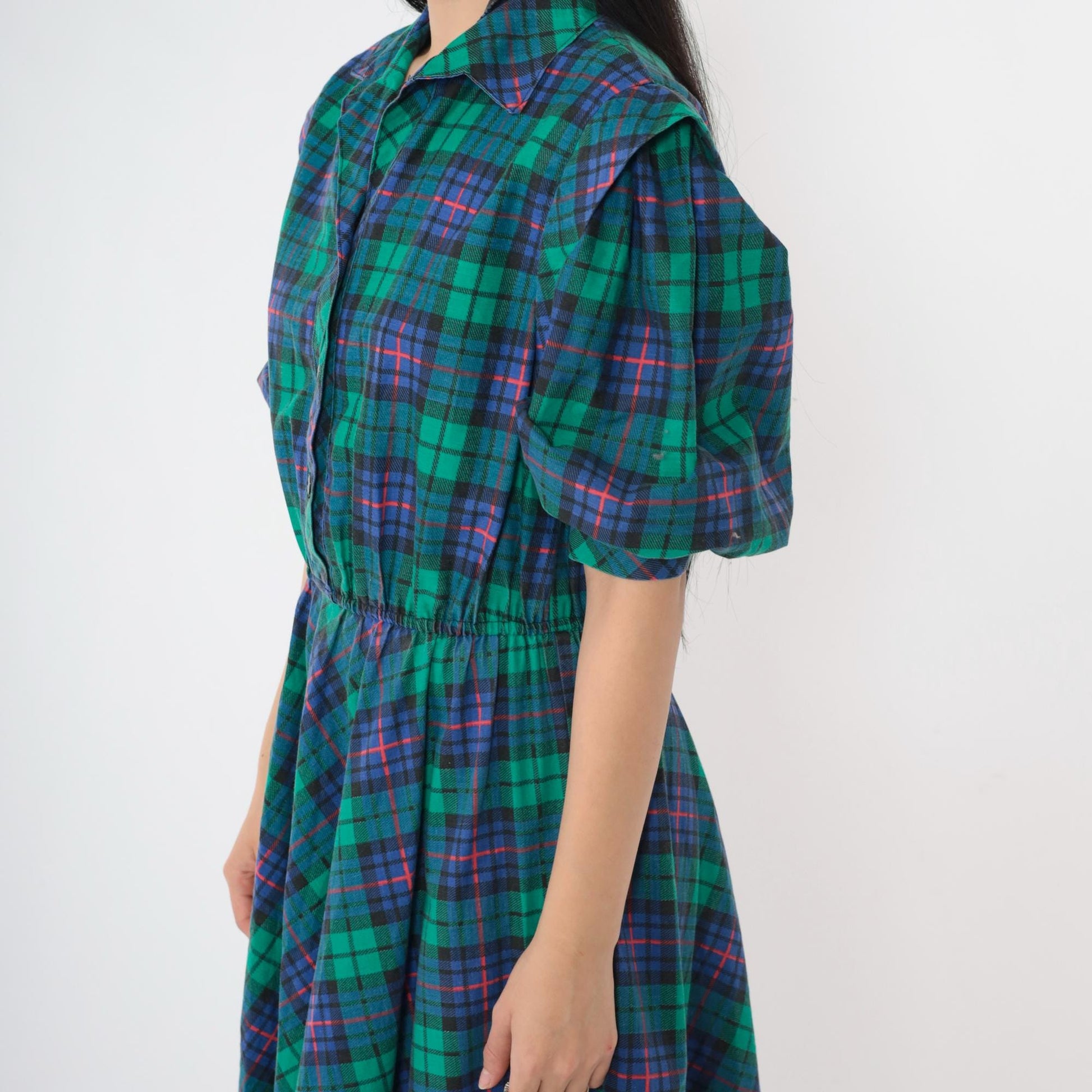 80s Blue Green Plaid Midi Shirt Dress High Waist Collared Button Up Small S