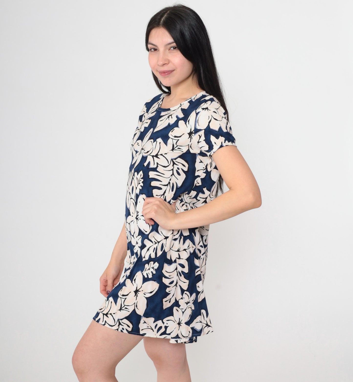 90s K.C. Spencer Tropical Floral Mini Dress Blue Shift Short Sleeve Medium