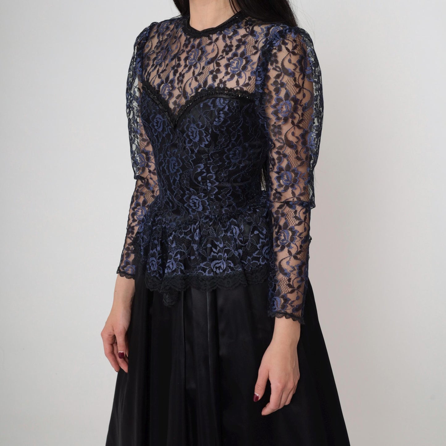 80s Gunne Sax Black Lace Midi Dress Sweetheart Neckline Peplum Extra Small