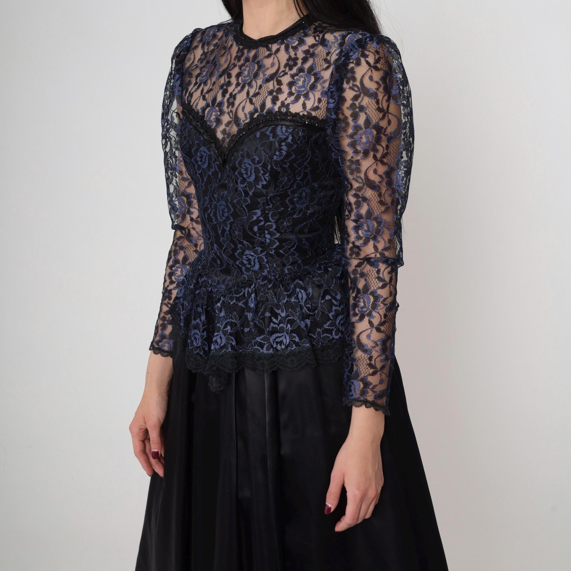 80s Gunne Sax Black Lace Midi Dress Sweetheart Neckline Peplum Extra Small