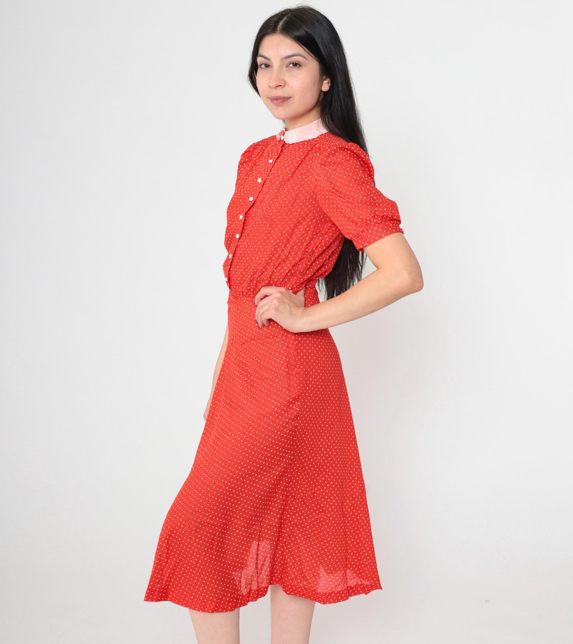 80s Red Polka Dot Midi Dress Peter Pan Collar Puff Sleeve High Waist Extra Small