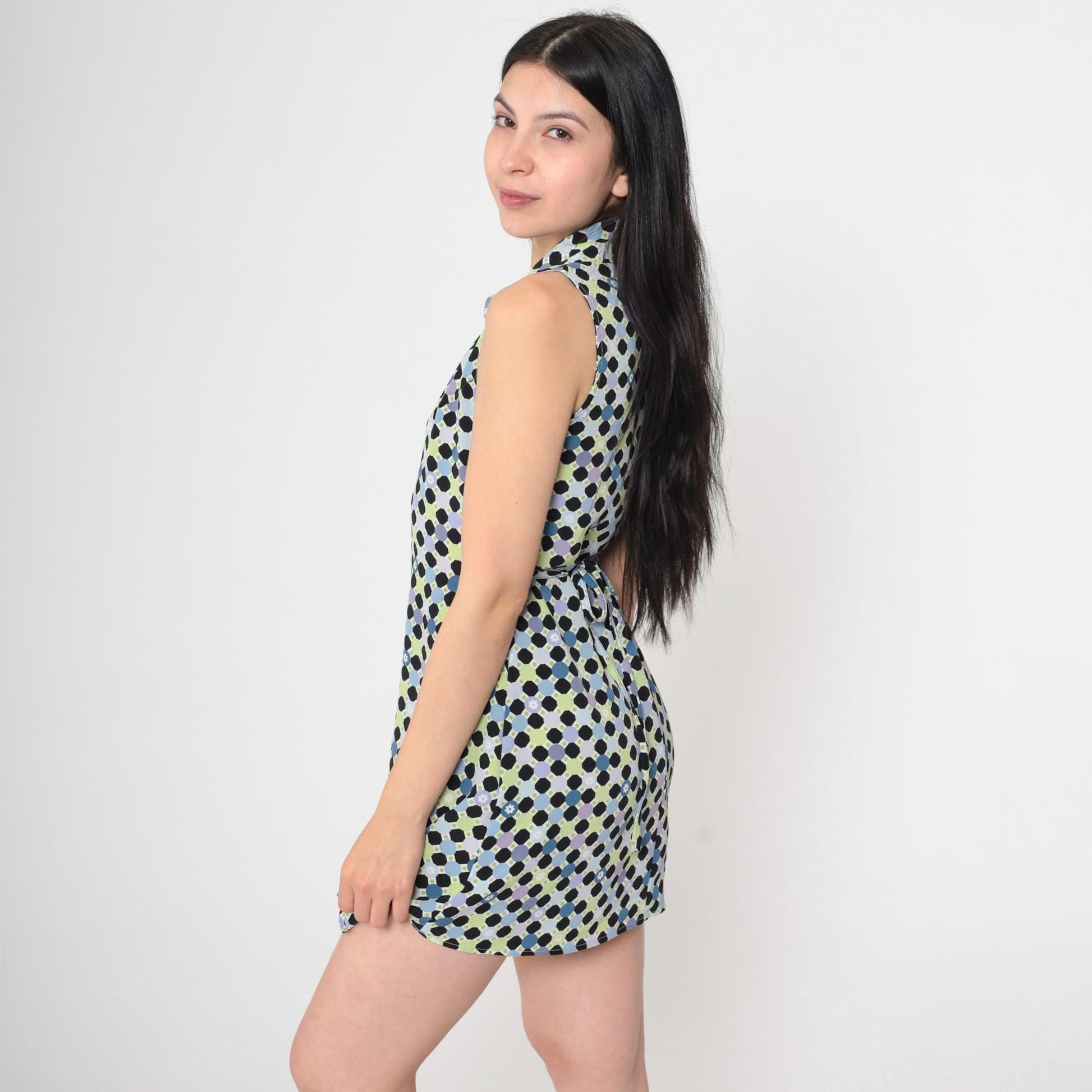 90s Geometric Polka Dot Mini Dress Sleeveless Collared Tie-Back Small S