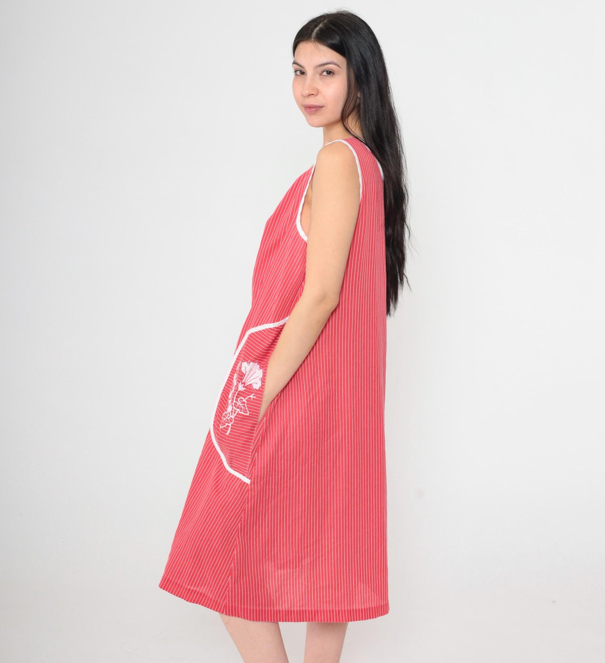 80s Red Striped Midi Dress Floral Embroidered Pockets Sleeveless Scoop Neck Large