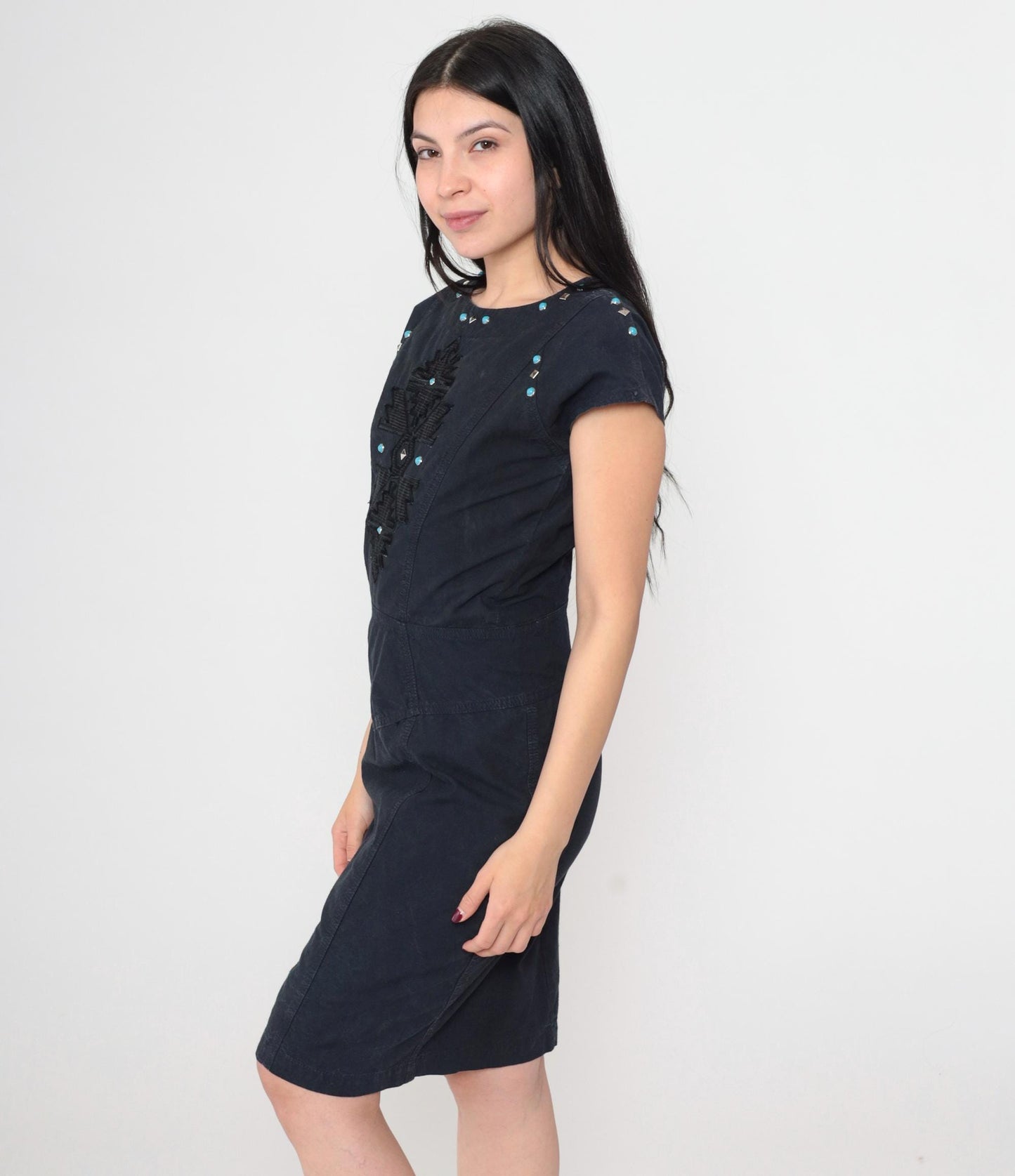 90s Black Southwestern Embroidered Dress Turquoise Studs Cap Sleeve V Back Small