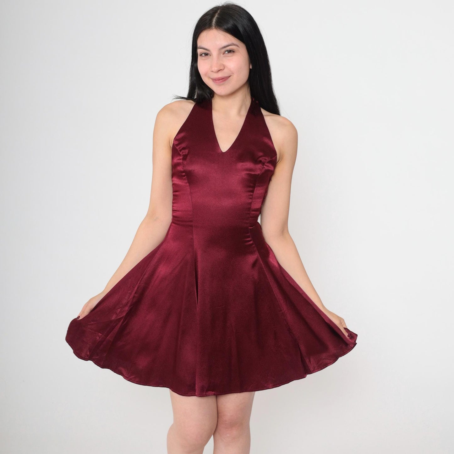 90s Jessica McClintock Gunne Sax Burgundy Satin Mini Halter Dress XS