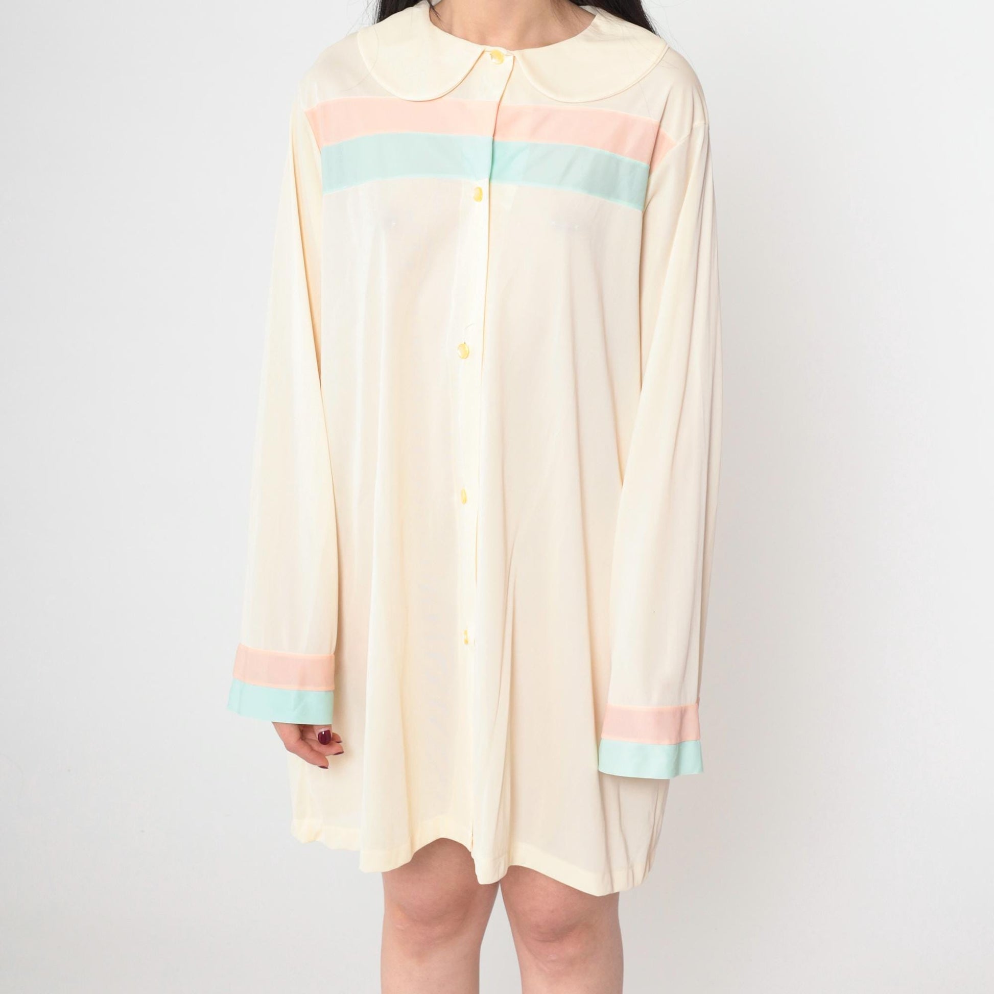 60s Cream Striped Nightgown Peter Pan Collar Mini Shift Nylon Large